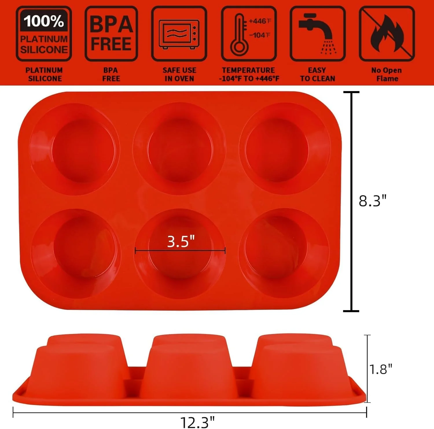 Silicone Jumbo Muffin Pan, 3.5 Inch Silicone Texas Muffin Pan 6 Cup Large Cupcake Pan Nonstick BPA Free 2 Pack Red - Image 6