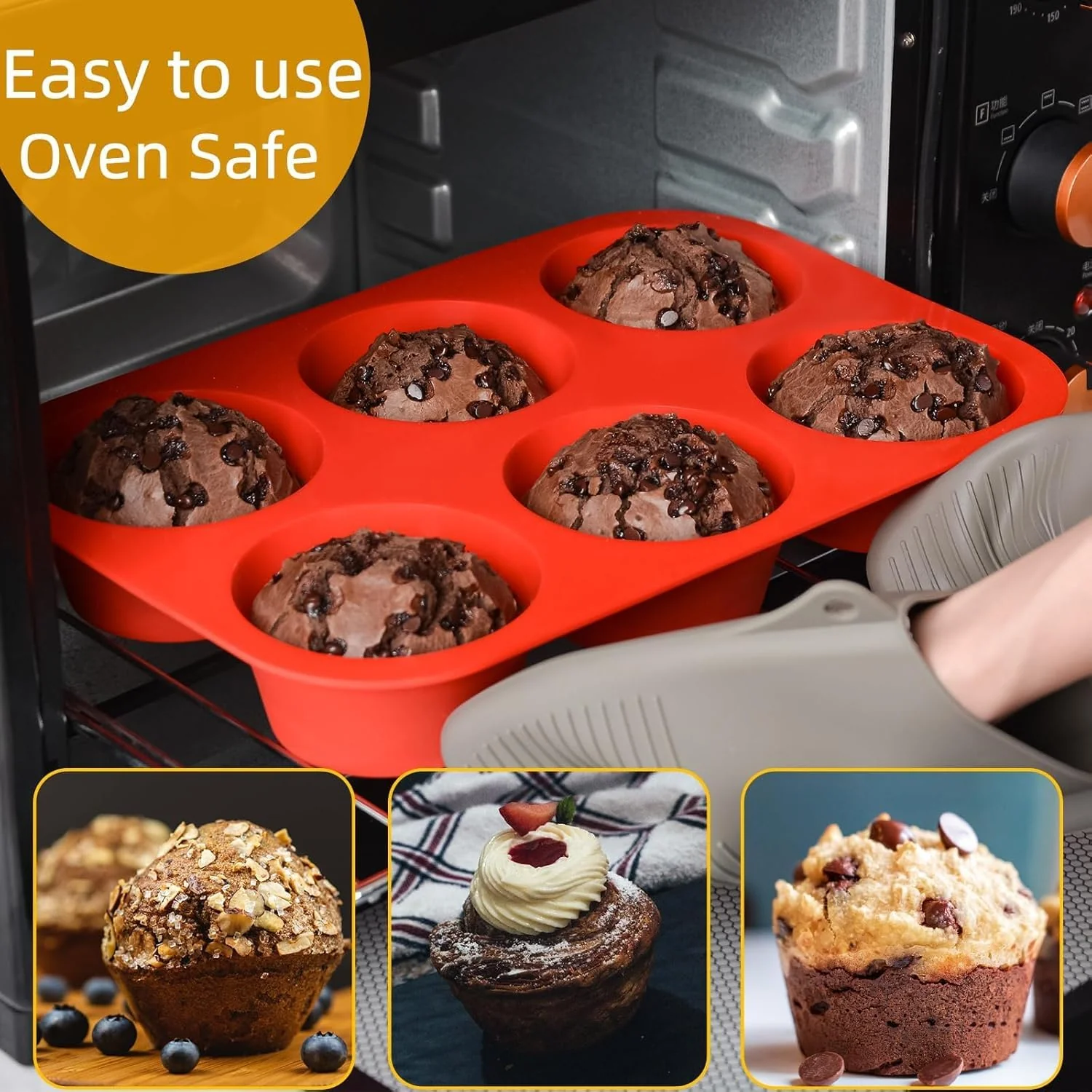Silicone Jumbo Muffin Pan, 3.5 Inch Silicone Texas Muffin Pan 6 Cup Large Cupcake Pan Nonstick BPA Free 2 Pack Red - Image 7