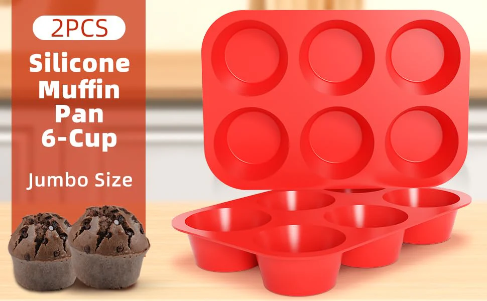 Silicone Jumbo Muffin Pan, 3.5 Inch Silicone Texas Muffin Pan 6 Cup Large Cupcake Pan Nonstick BPA Free 2 Pack Red - Image 8