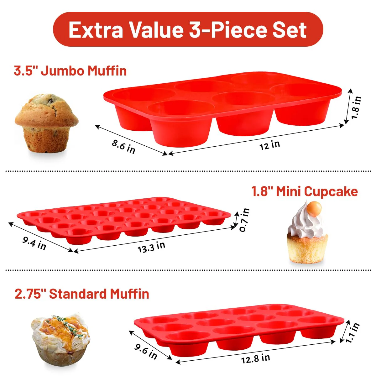 Silicone Muffin Pan Set - Mini 24 Cups, Regular 12 Cups Cupcake Pan, Jumbo 6 Cups Muffin Pan Silicone Bakeware for Baking Set of 3 - Image 8