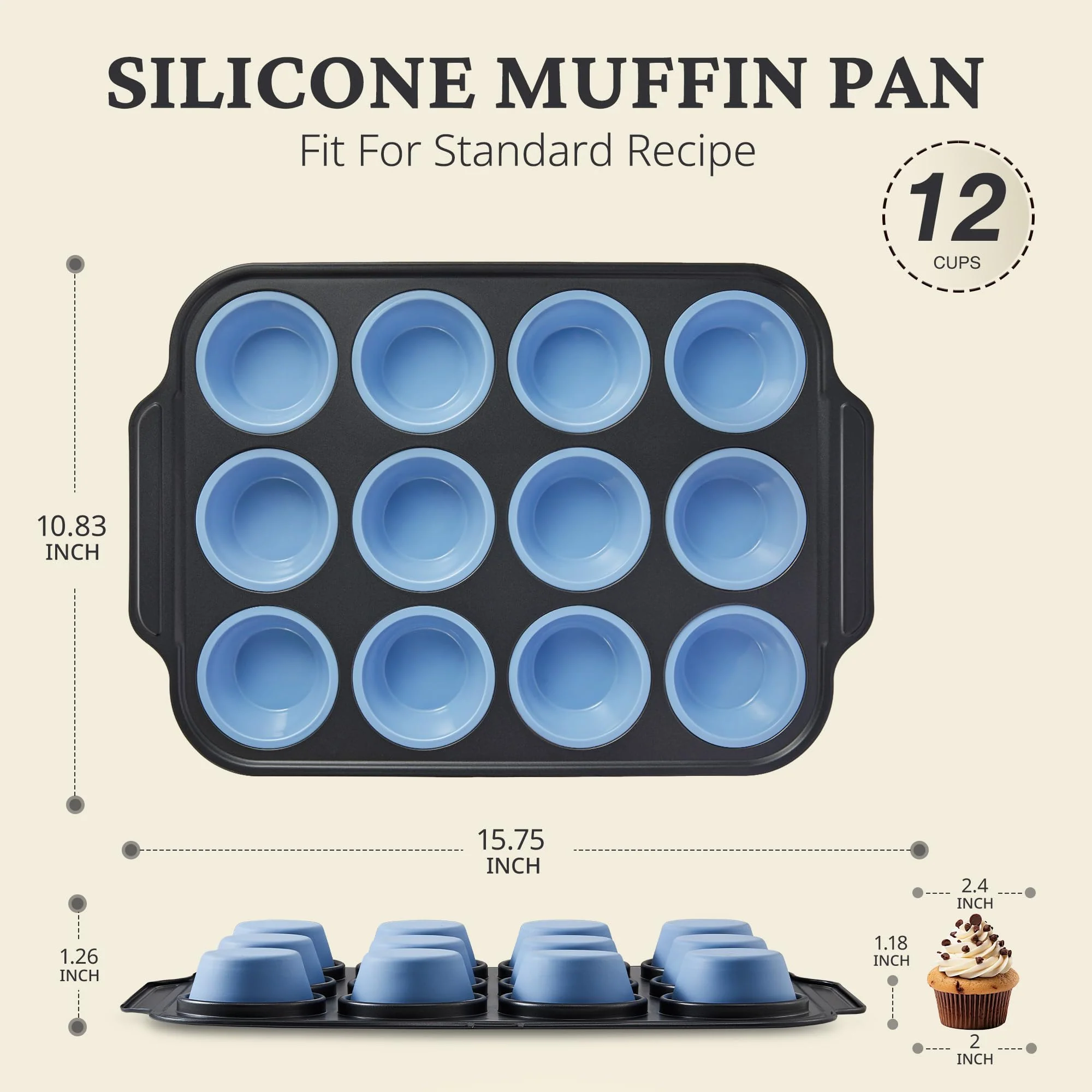Silicone Muffin Pans for Baking with Metal Frame, Egg Bite Molds, Cupcake Pans 12 Regular Size, Muffin Tins Easy to Pop Nonstick Non Toxic Bakeware for Oven,Blue - Image 3