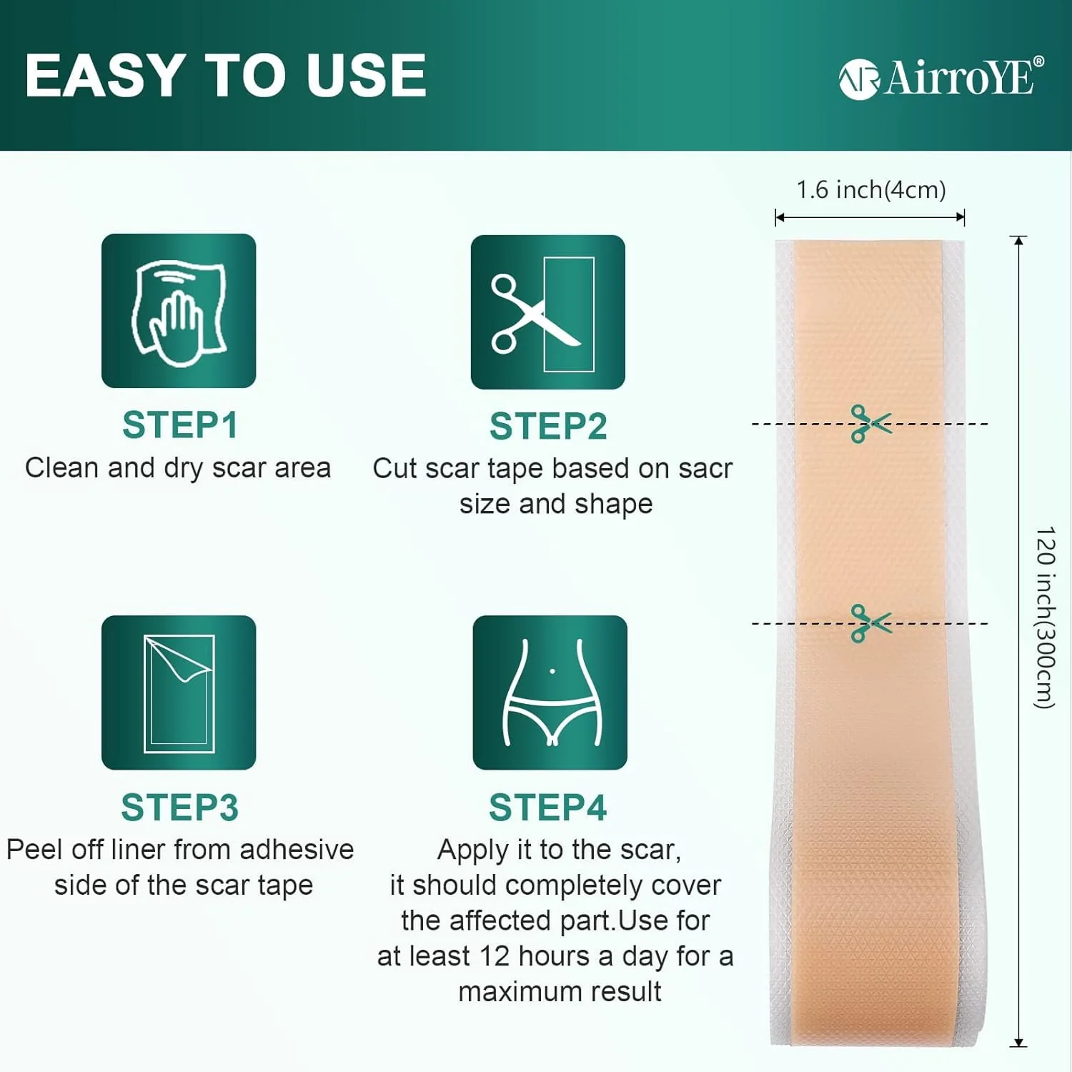 Silicone Scar Sheets,Silicone Scar Tape(1.6"x 120" Roll-3M), Reusable and Effective Scar Removal Sheets, Silicone Scar Removal Sheets for Surgical Scars,Healing Keloid, C-Section, Tummy Tuck - Image 4