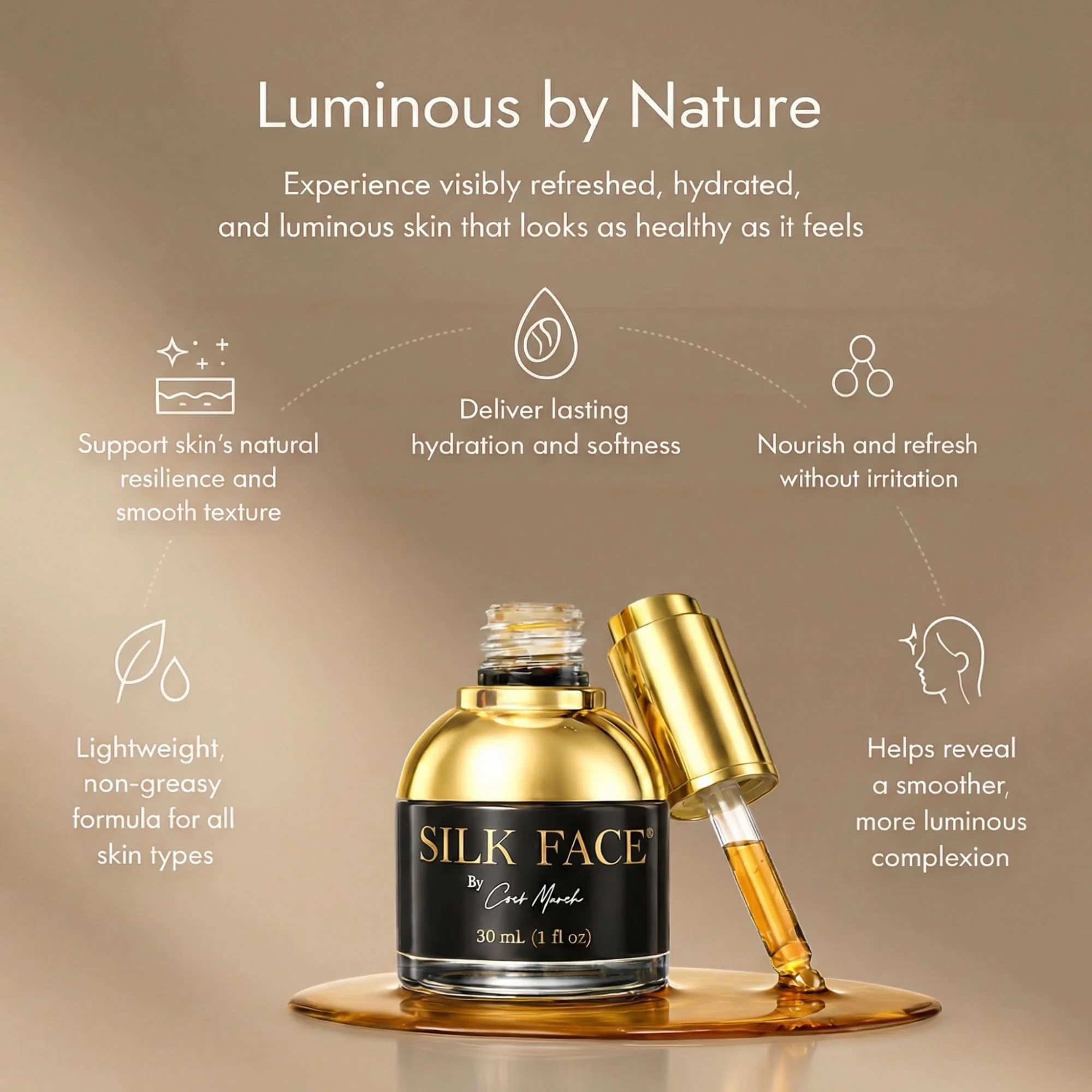 SILK FACE Elixir Serum by Coco March – Anti-Aging, Hydrating & Brightening Facial Moisturizer for Fine Line Reduction, Firming & Illuminating Skin Care with Peptides and Amino Acids, 30ml (1 Fl Oz) - Image 8