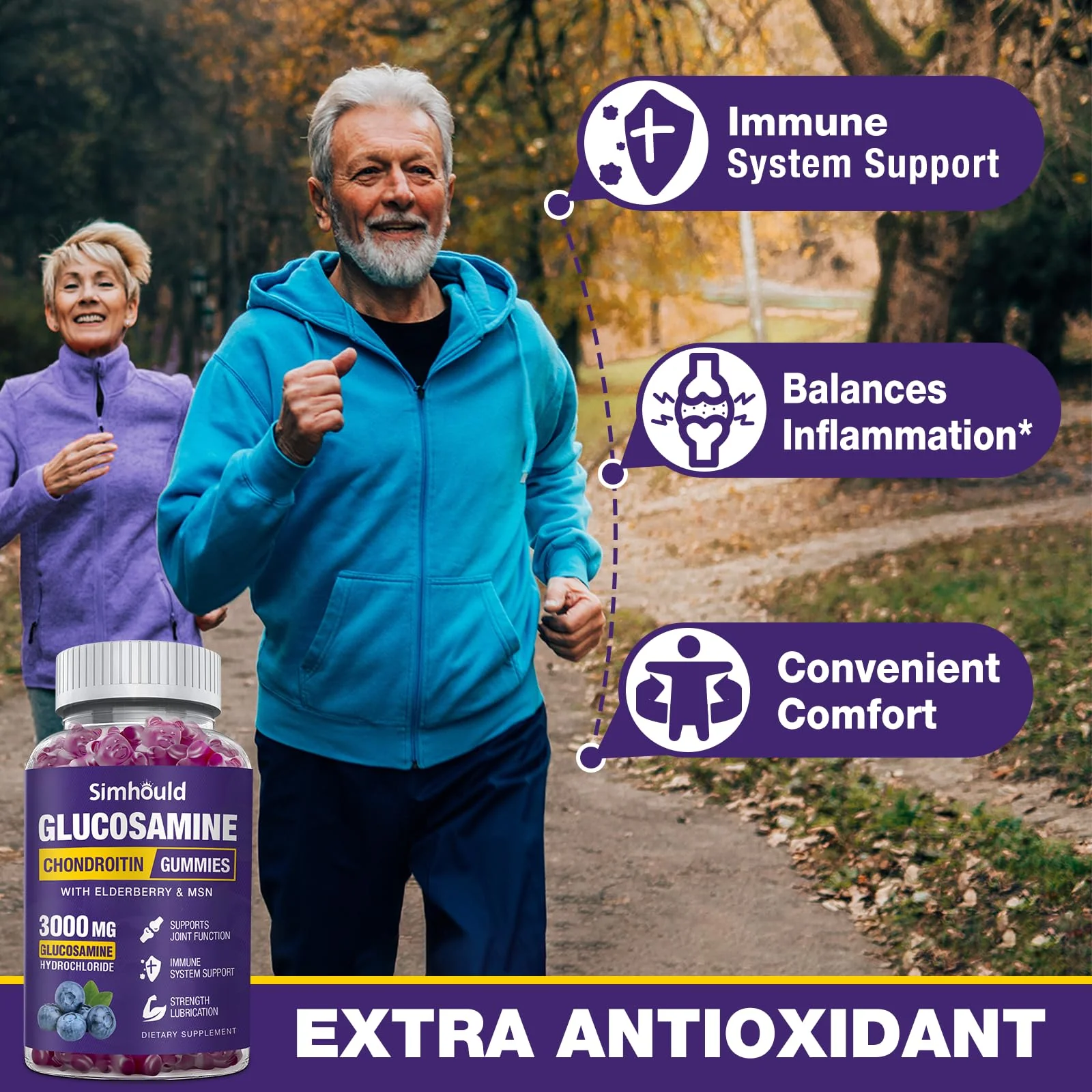 Simhould 2 Packs Glucosamine Chondroitin Gummies - 3000MG Extra Strength Joint Support Supplement with MSM & Elderberry, Flexibility, Antioxidant Immune Support Gummy for Adults, Men & Women - Image 4