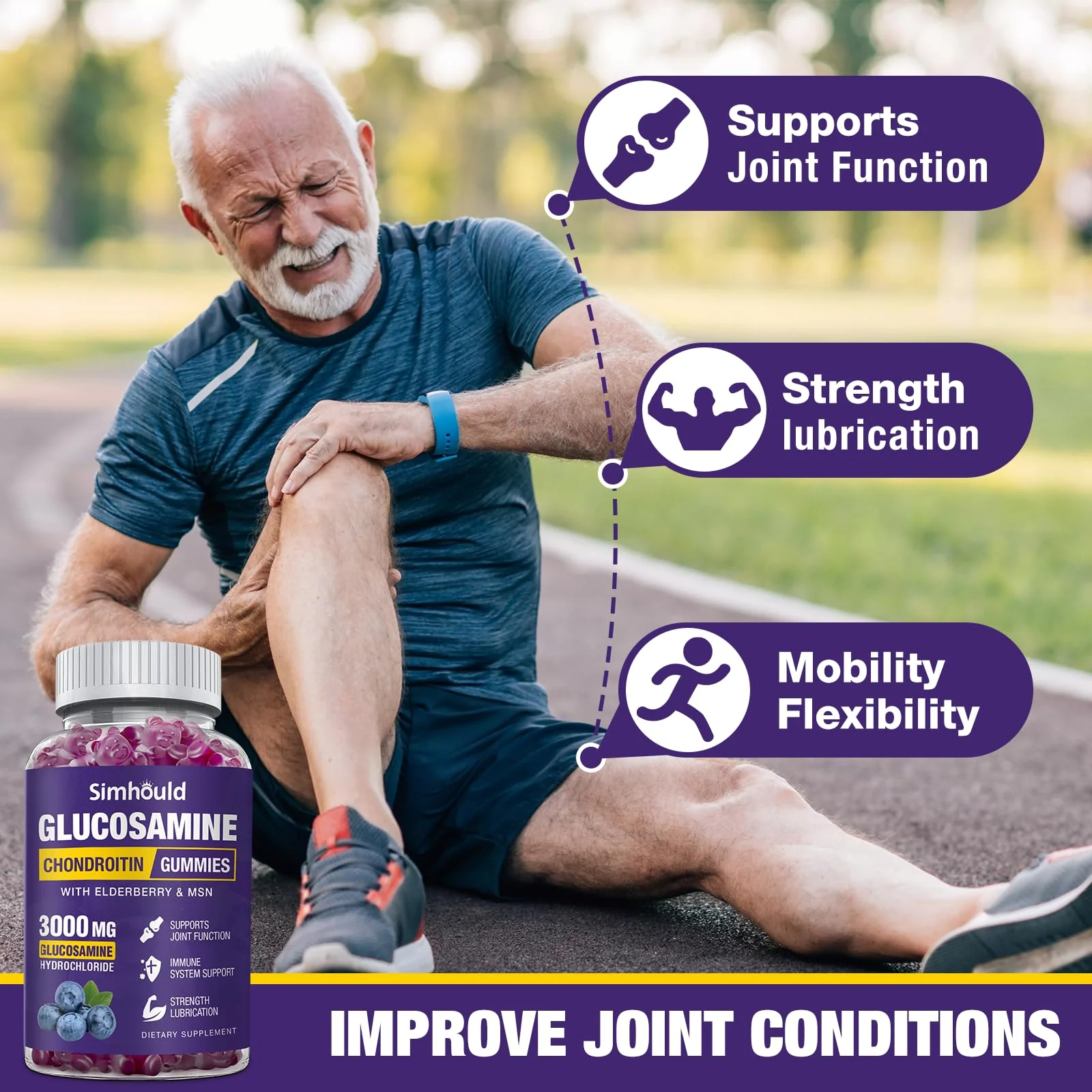 Simhould 2 Packs Glucosamine Chondroitin Gummies - 3000MG Extra Strength Joint Support Supplement with MSM & Elderberry, Flexibility, Antioxidant Immune Support Gummy for Adults, Men & Women - Image 5