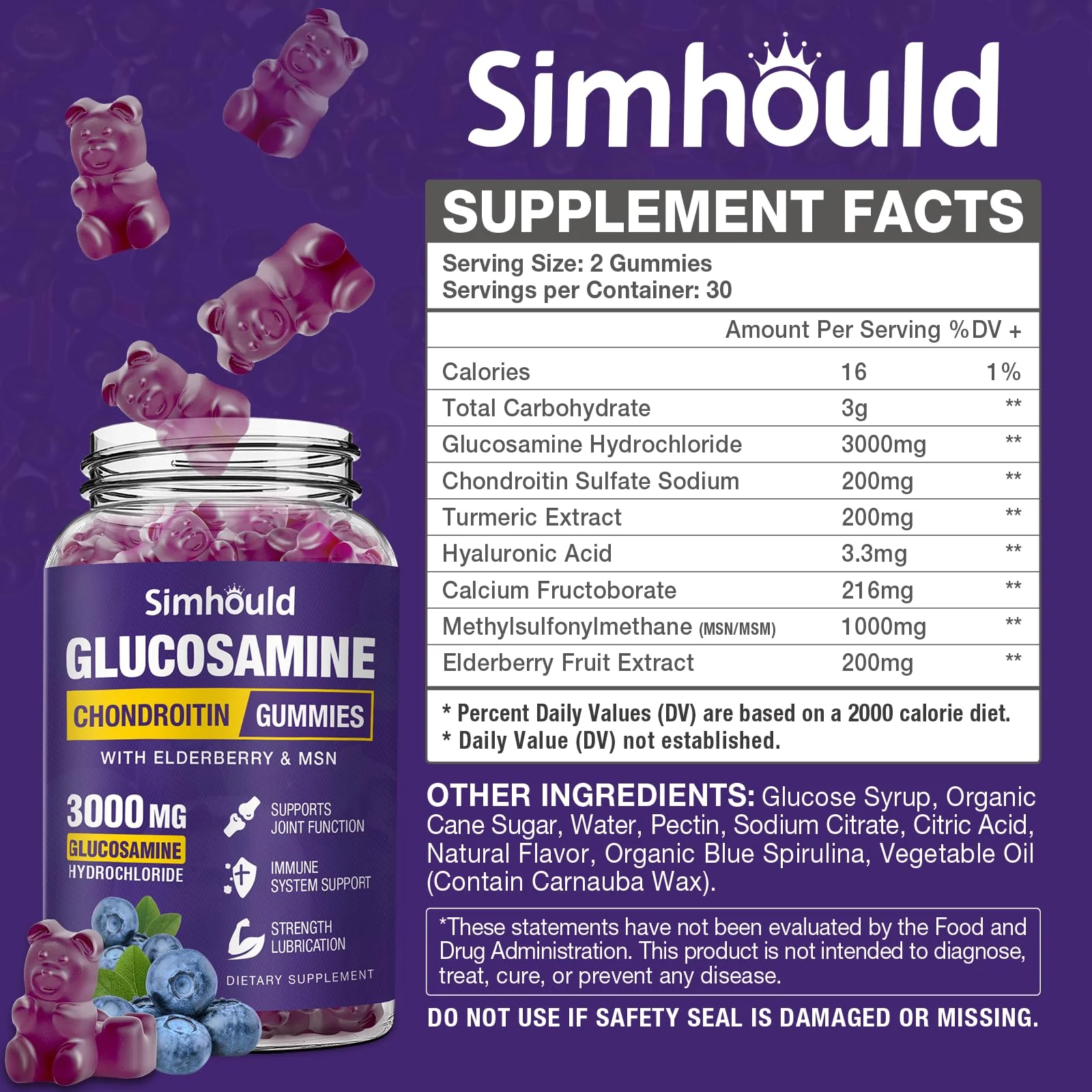 Simhould 2 Packs Glucosamine Chondroitin Gummies - 3000MG Extra Strength Joint Support Supplement with MSM & Elderberry, Flexibility, Antioxidant Immune Support Gummy for Adults, Men & Women - Image 6