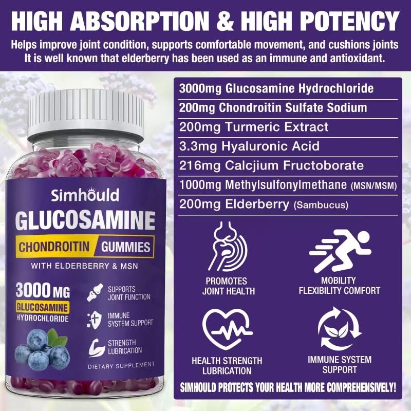 Simhould 2 Packs Glucosamine Chondroitin Gummies - 3000MG Extra Strength Joint Support Supplement with MSM & Elderberry, Flexibility, Antioxidant Immune Support Gummy for Adults, Men & Women - Image 7