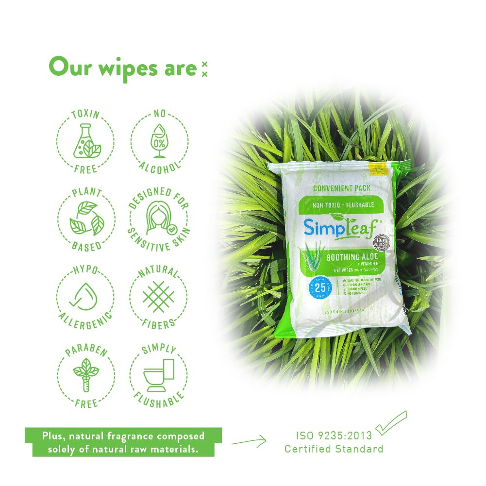 Simpleaf Flushable Wet Wipes Aloe Vera| Eco-Friendly, Paraben & Alcohol Free | Hypoallergenic & Safe for Sensitive Skin | Soothing Aloe Formula | (6 x 25 Counts Convenient Pack) 150 Counts Total - Image 11