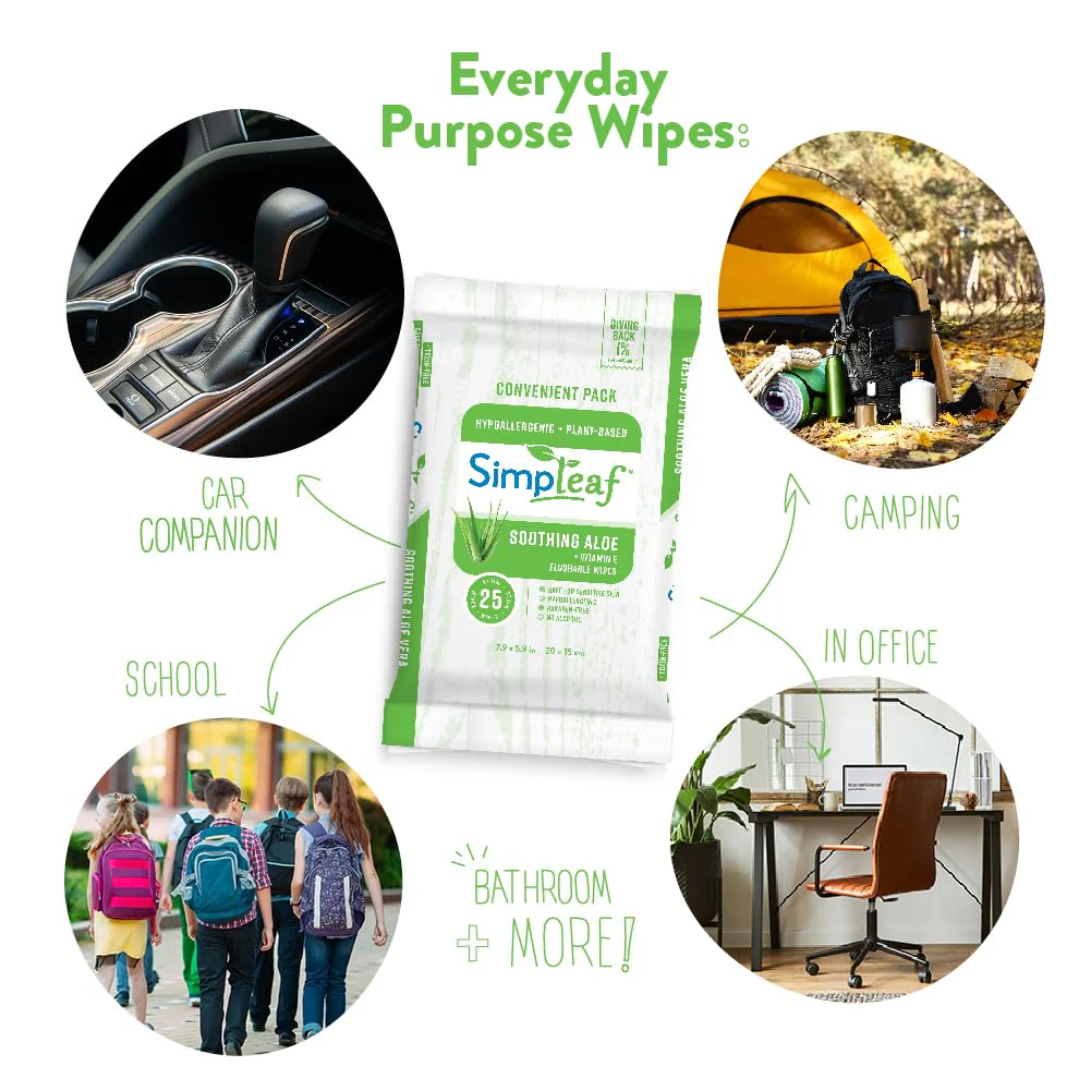 Simpleaf Flushable Wet Wipes Aloe Vera| Eco-Friendly, Paraben & Alcohol Free | Hypoallergenic & Safe for Sensitive Skin | Soothing Aloe Formula | (6 x 25 Counts Convenient Pack) 150 Counts Total - Image 12