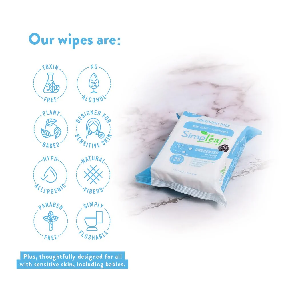 Simpleaf Flushable Wet Wipes Unscented | Plastic Free, Paraben & Alcohol Free | Hypoallergenic & Safe for Sensitive Skin | Soothing Aloe Formula | Adult Toilet Wipes (12 x 50 Counts Pack) 600 Counts - Image 11