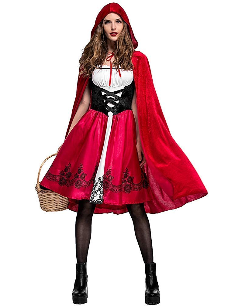 Simplecc Women Little Red Riding Hood Costume Christmas Halloween Party Dress with Cape Medium - Image 6