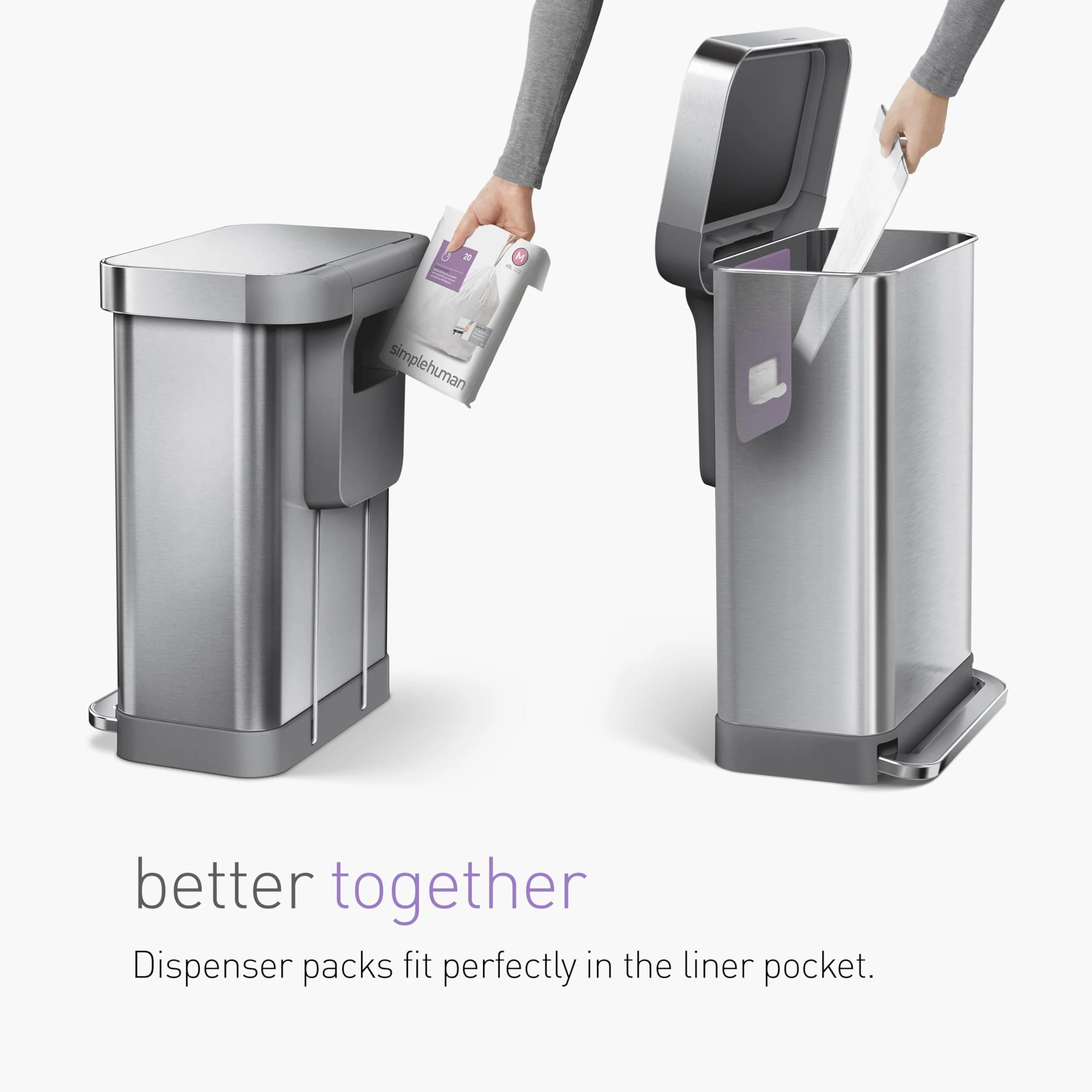 simplehuman Code M 100 Liners, 50% Recycled Custom Fit Bin Bags in Dispenser Packs with Durable Drawstring Tie Handle, 45L, White - Image 2