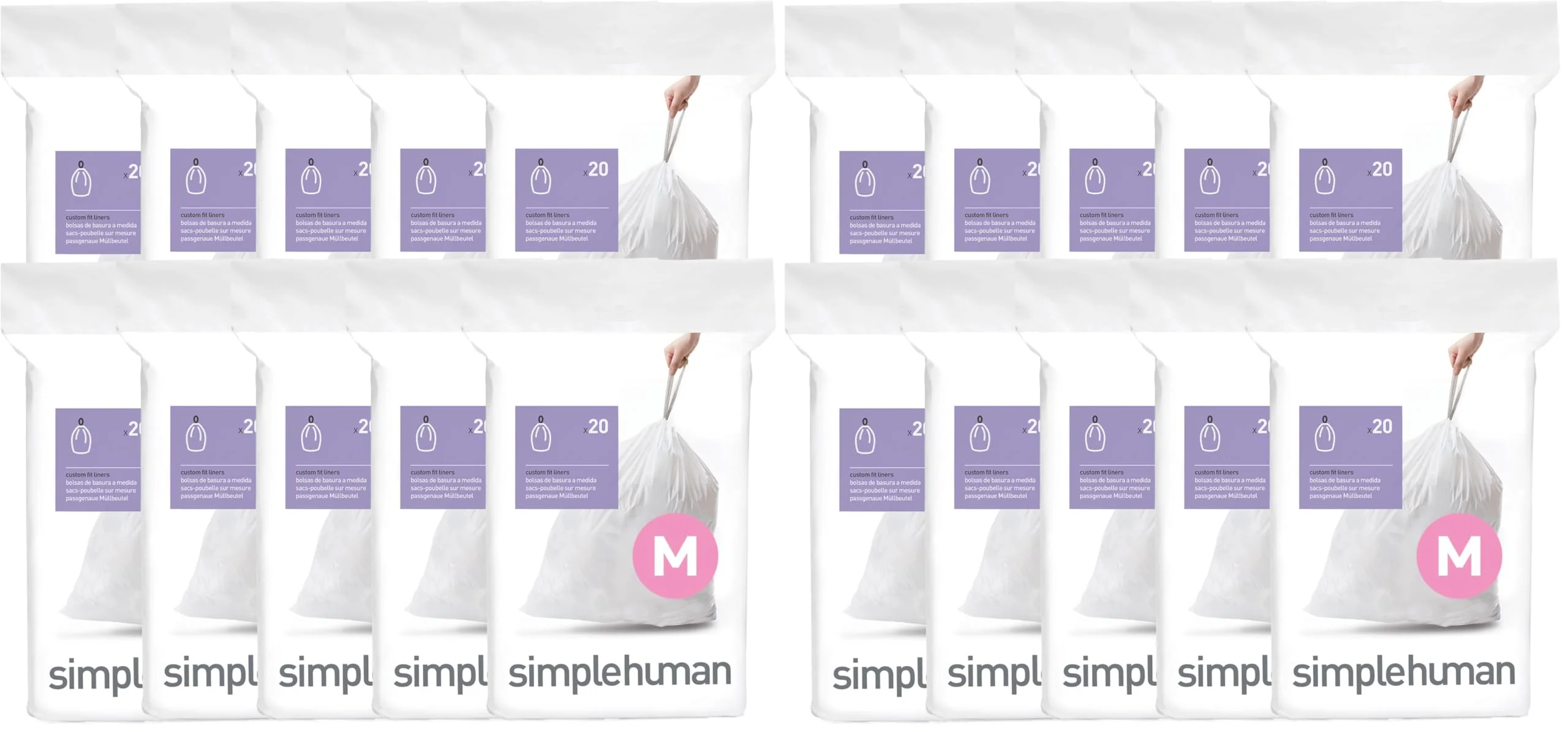 simplehuman Code M, Dispenser Pack Custom Fit Liners, Drawstring Trash Bags, 45 Liter / 11.9 Gallon, White, 200 Count (Pack of 2)