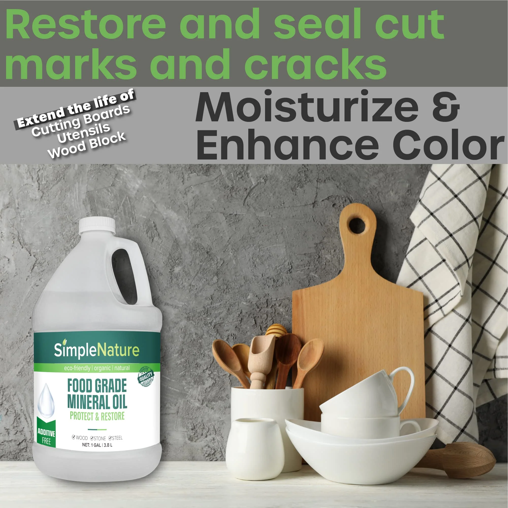 SimpleNature Food Grade Mineral Oil - for Moisturizing, Lubricating, Restoring & Protecting Wood, Cutting Boards, Butcher Block, Countertops, and Stainless Steel (2 Gallons) - Image 6