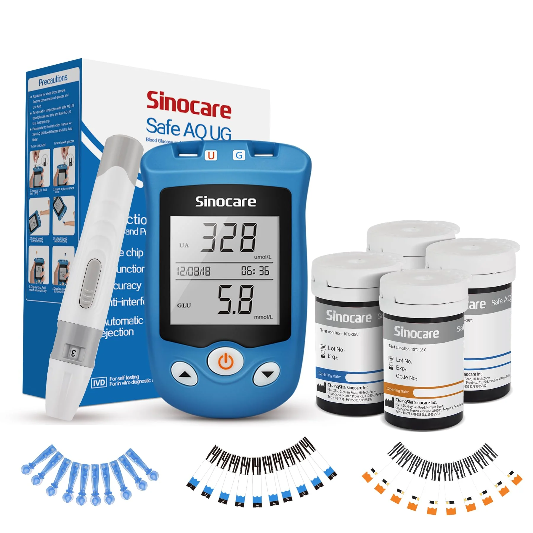 sinocare Uric Acid & Blood Sugar Monitor, 2 in 1 Meter, Uric Acid Testing & Blood Glucose Test Kit, 50pcs Uric Acid Test Strips + 50pcs Blood Suar Test Strips & 100pcs Lans., for Home Use UK