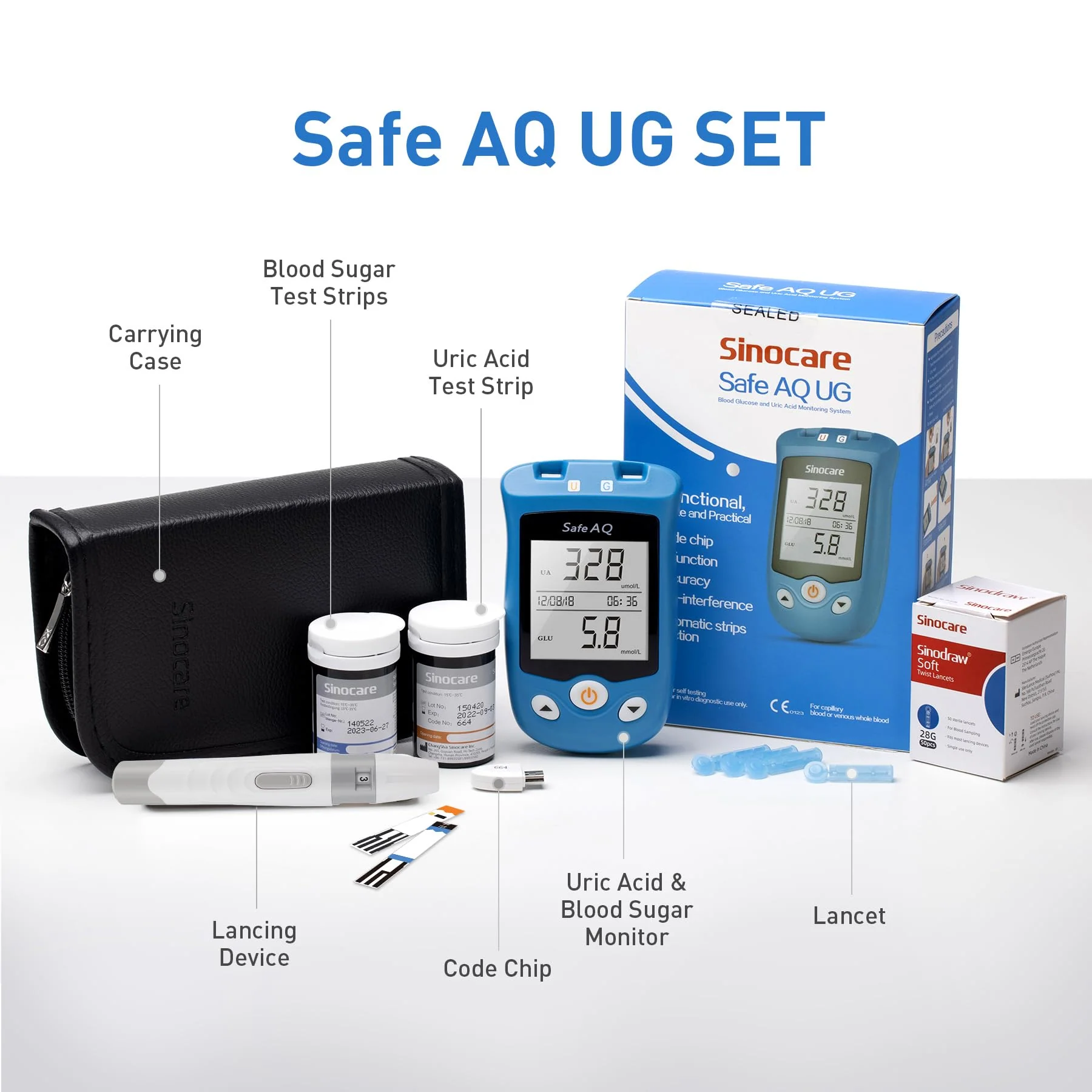 sinocare Uric Acid & Blood Sugar Monitor, 2 in 1 Meter, Uric Acid Testing & Blood Glucose Test Kit, 50pcs Uric Acid Test Strips + 50pcs Blood Suar Test Strips & 100pcs Lans., for Home Use UK - Image 2