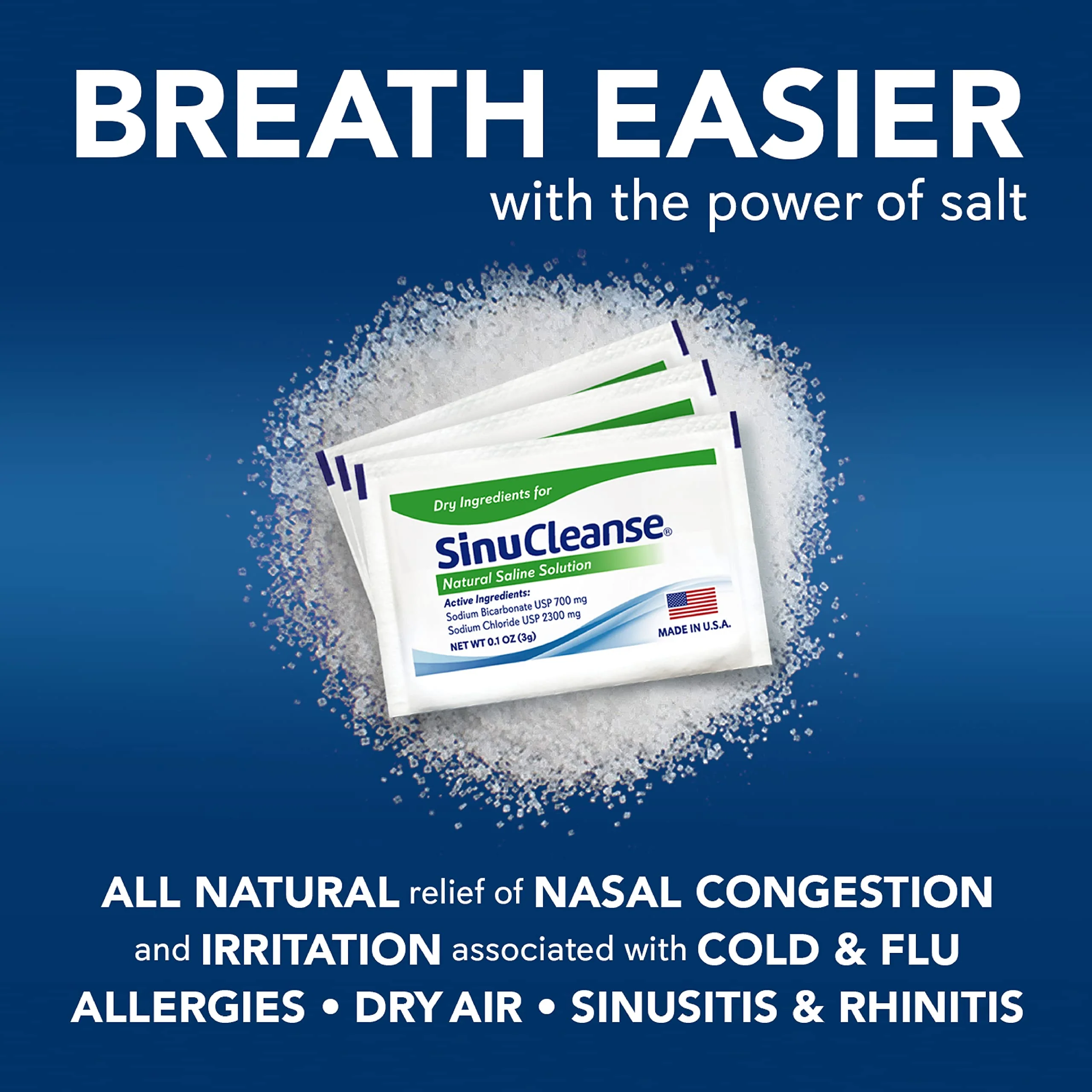 SinuCleanse Pre-Mixed Saline Packets for Sinus Rinse and Nasal Irrigation Systems, 100 Count, Made in USA, All-Natural, Pharmaceutical Grade and PH Balanced - Image 2