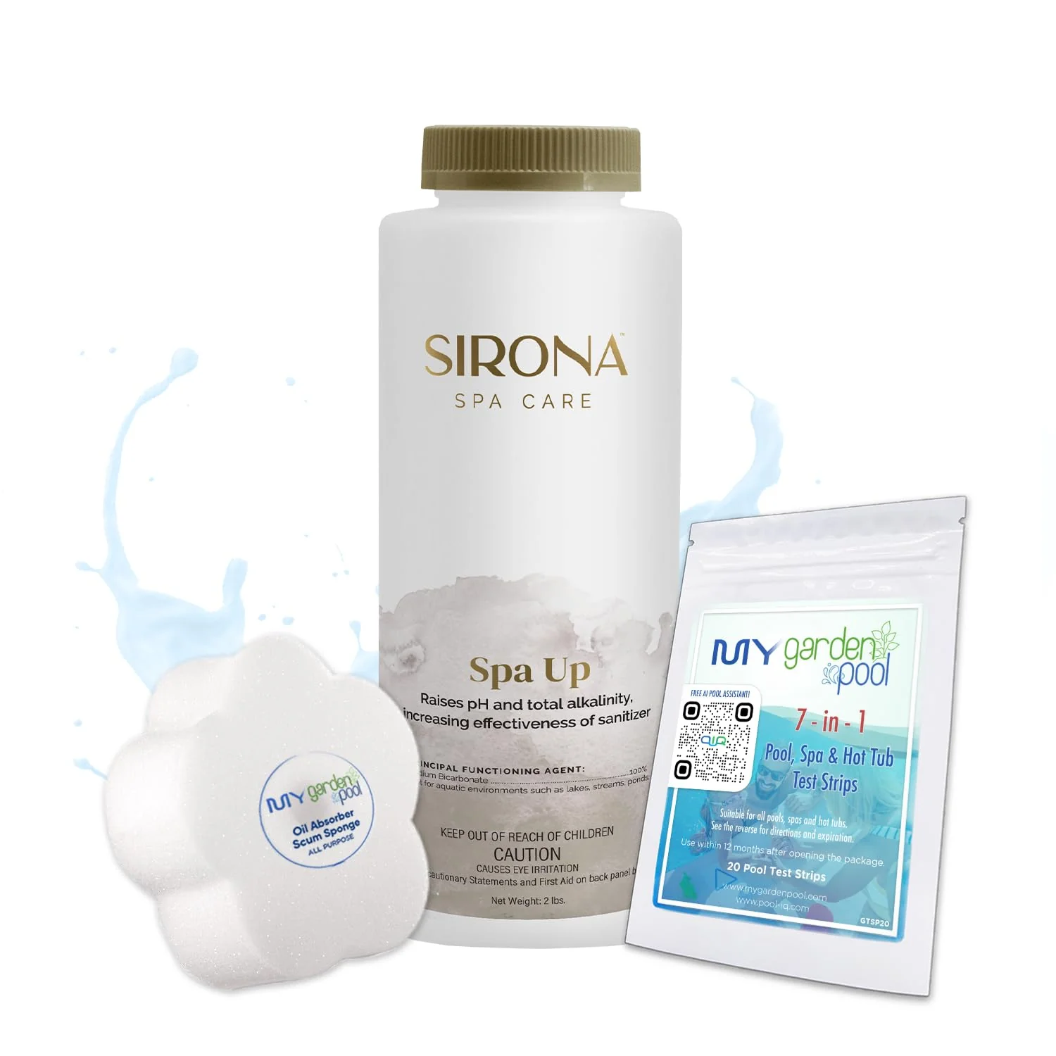 Sirona 82100 Spa Up, 2 LBS – Includes My Garden Pool 20 Ct. Test Strips & Scum Sponge – Raises pH & Alkalinity for Balanced & Clear Spa Water