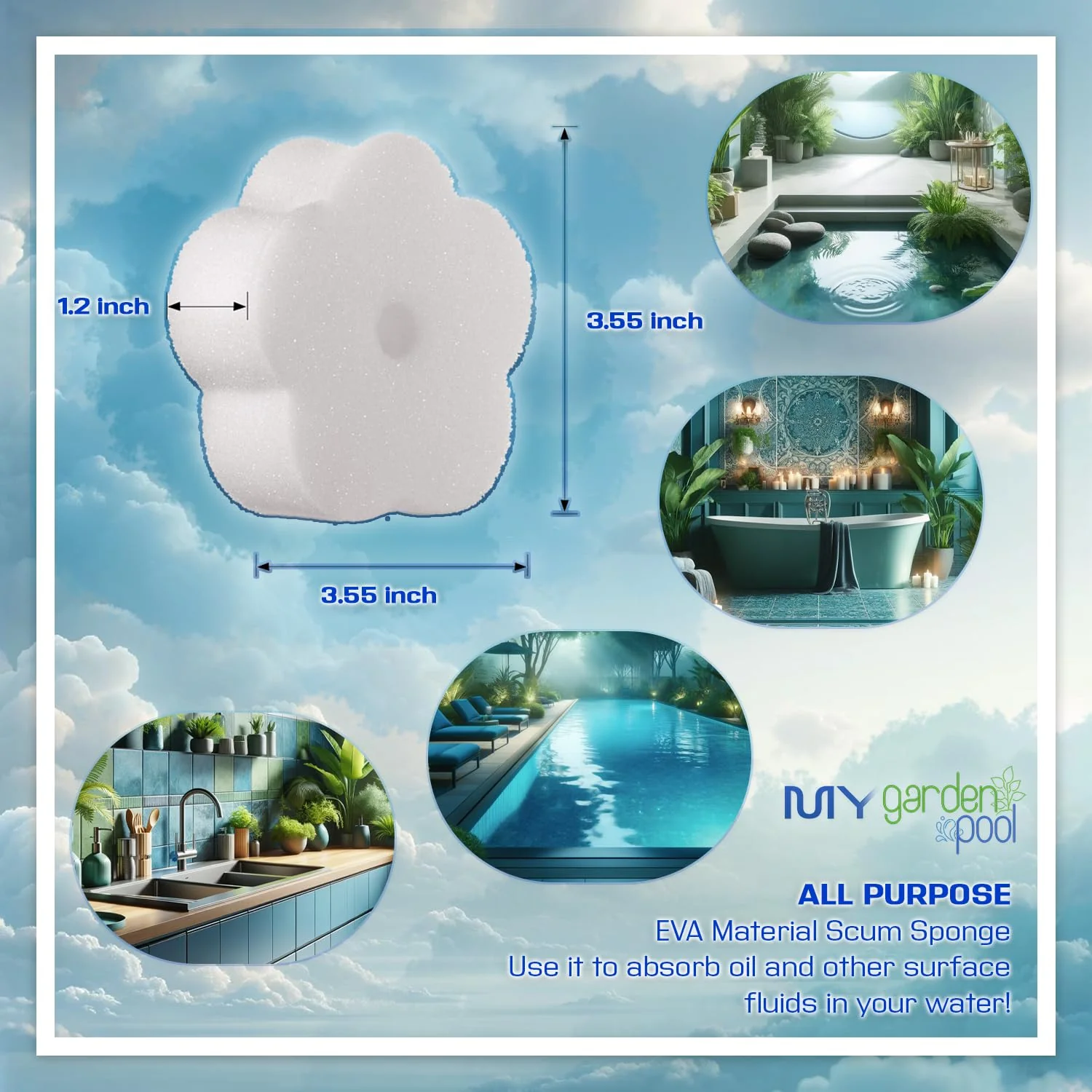 Sirona Simply Hot Tub Care Kit: Waterline Cleaner, Oxidizer, Non-Chlorine Sanitizer with My Garden Pool 20 Ct. Test Strips & Scum Sponge Flower Oil-Absorbing Sponge for Hot Tubs and Pools - Image 2