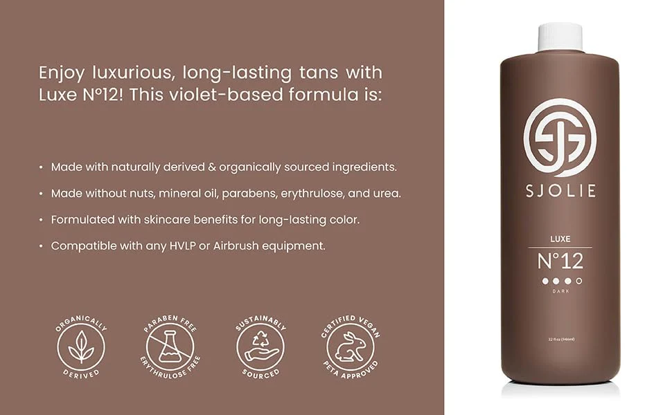 SJOLIE Spray Tan Solution - Luxe 12 - Violet Based Dark Blend | Sunless Tanning Solution for Deep, Dark Bronze Finish, All Natural (32oz) - Image 4