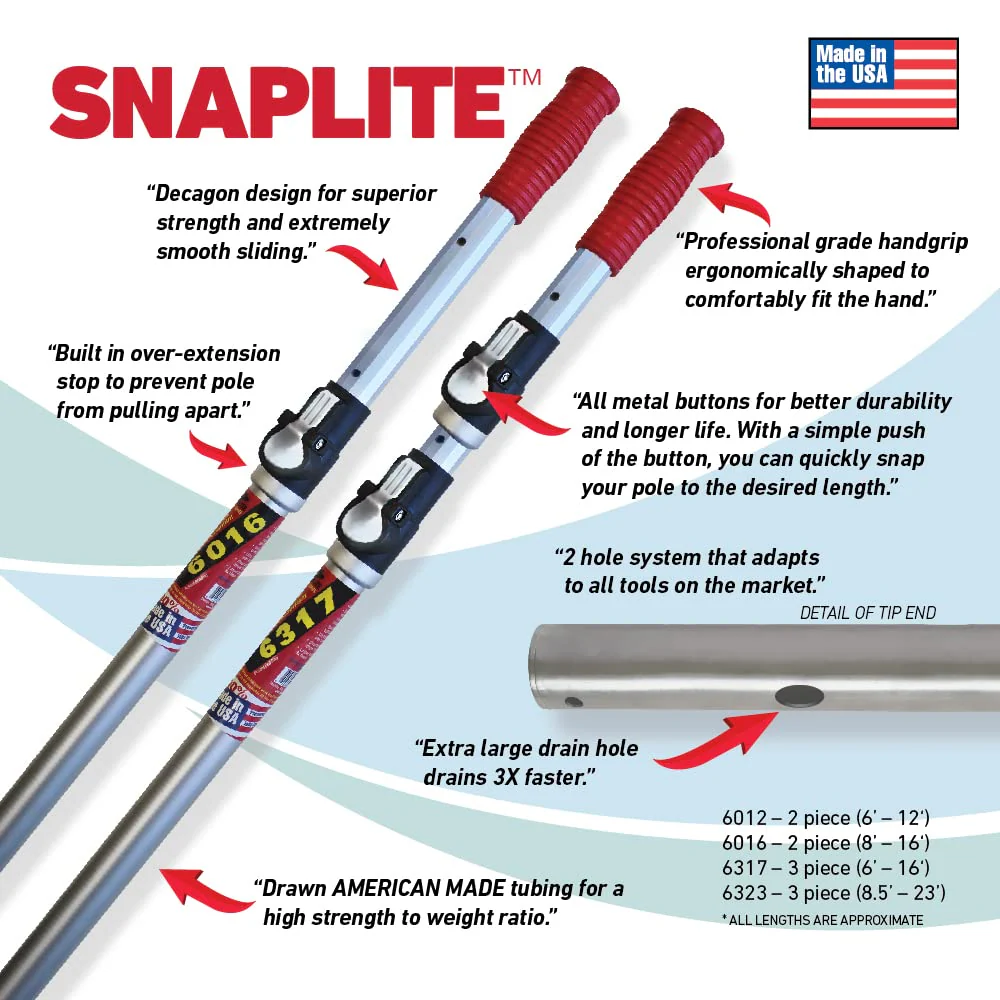 SKIMLITE MANUFACTURING Snaplite Telescopic Pool Pole 16 Ft Adjustable Cleaning Poles Push Button Lock Light Weight Easy Grip, Includes Universal Threaded Adapter for Skimmer Net Brush Vacuum Head - Image 6