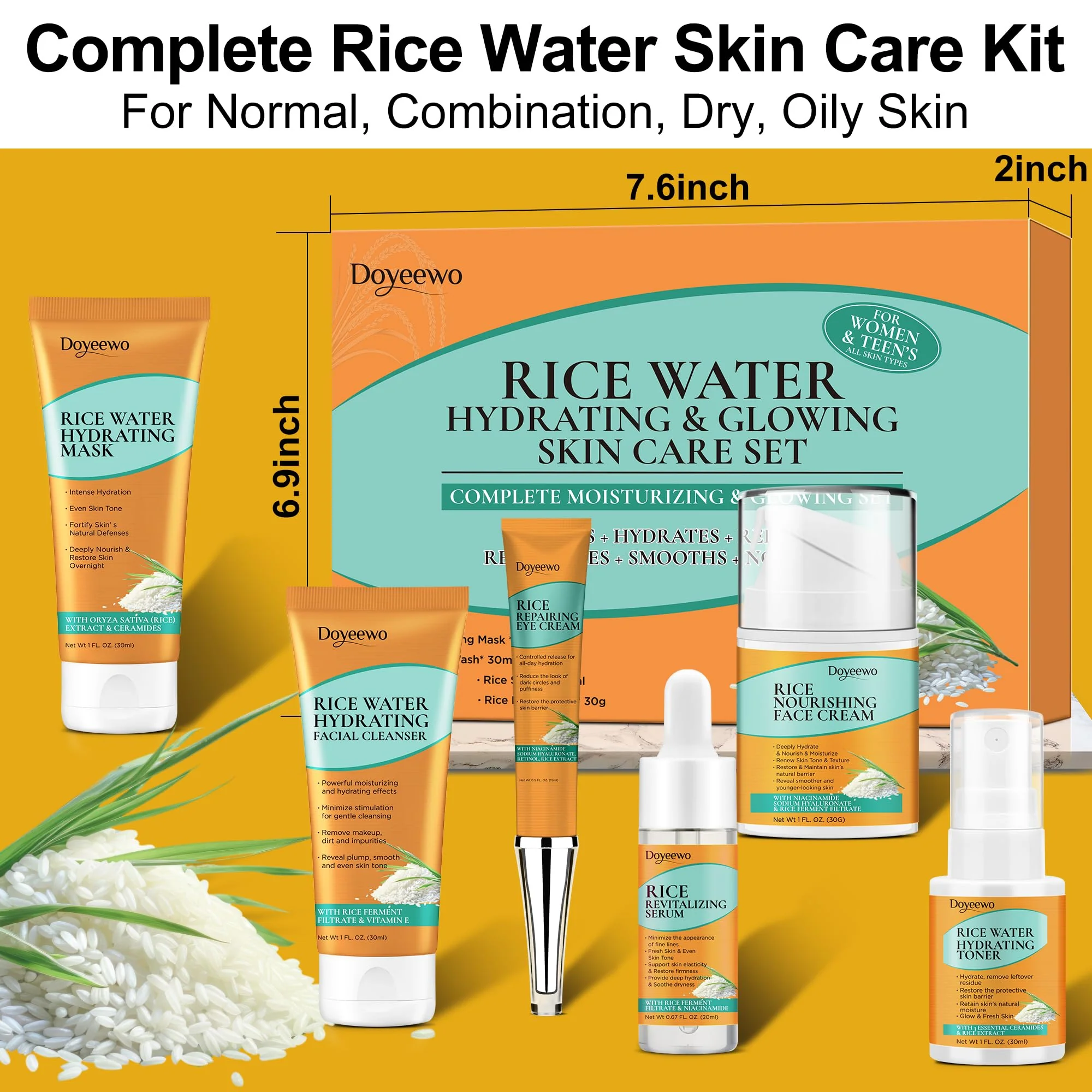 Skin Care Set,Women Teen Glass Skincare 6pcs w/Korean Rice Extract,Hydrate Glow Repair Anti-Aging Facial Routine Kit Gift for Women Mom Wife Teenage Girl Trendy Stuff Christmas Gifts Stocking Stuffers - Image 3