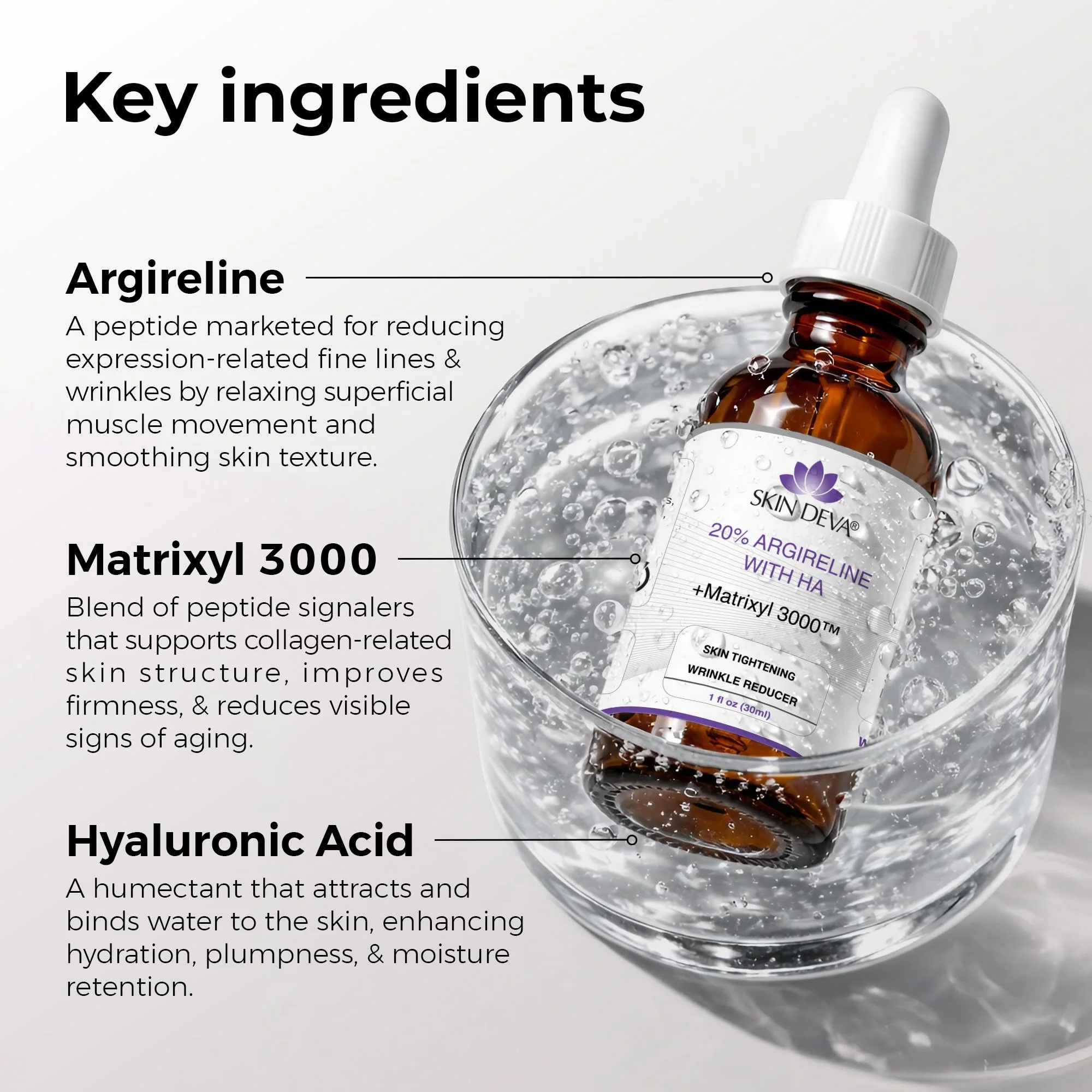 SKIN DEVA 20% Argireline Serum with Matrixyl 3000 Pure Hyaluronic Acid Serum For Face Deep Wrinkle Reducer Anti Aging Tones Skin and Stimulates Collagen Peptides Serum For Face - Image 5