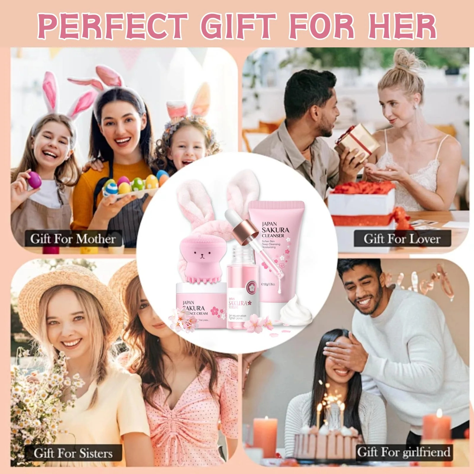 Skincare Set Sakura Teen Girls Gifts - Skin Care Set - Skincare for Teens 10-12 Hydrating - Travel Size Facial Kit for Women with Cleanser,Serum,Cream,Bunny Headband,Cleansing Brush（5pcs） - Image 2