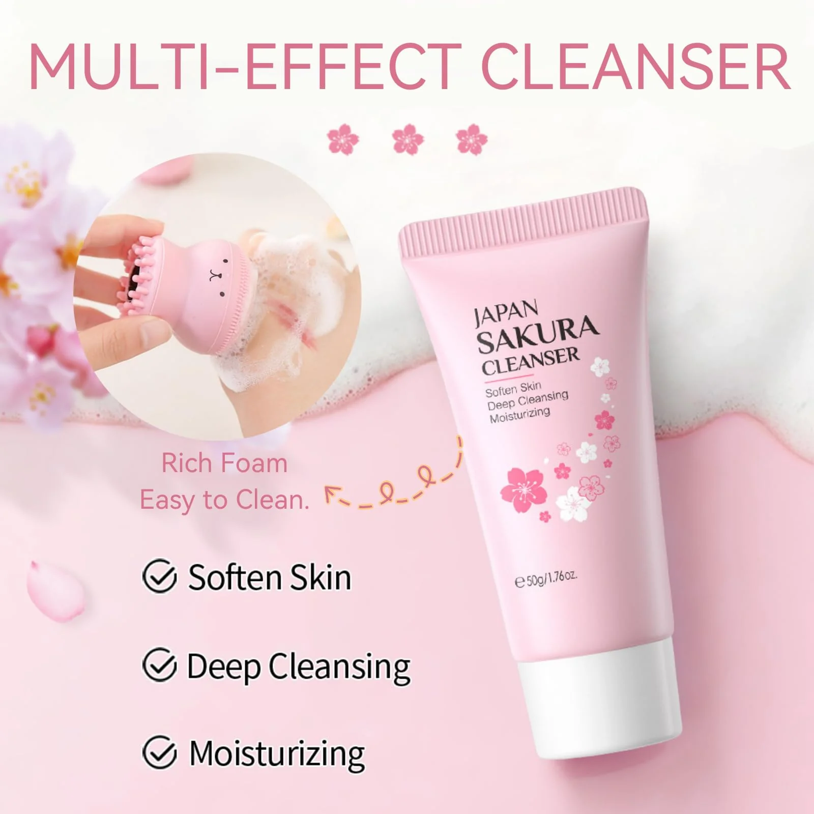 Skincare Set Sakura Teen Girls Gifts - Skin Care Set - Skincare for Teens 10-12 Hydrating - Travel Size Facial Kit for Women with Cleanser,Serum,Cream,Bunny Headband,Cleansing Brush（5pcs） - Image 6