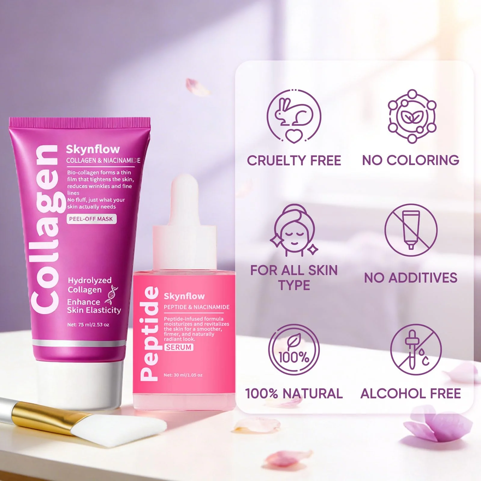 SKYNFLOW Collagen Face Mask + Plumping Peptides PDRN Serum, Overnight Hydrolyzed Peel-Off Mask, Niacinamide Restoring Skincare Set, Reduce Wrinkles, Tighten Fine Lines, Even Skin Tone (1 Set) - Image 3