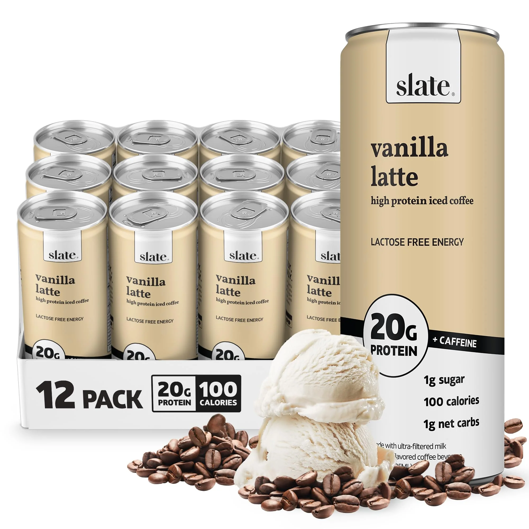 Slate Milk - High Protein Iced Coffee - Vanilla Latte - 175mg Caffeine, Lactose Free Energy - 20g Protein, 1g Sugar, 100 Calories, 1g Net Carbs, No Sugar Added - Protein Coffee - 11 fl oz, 12 Cans - Image 2