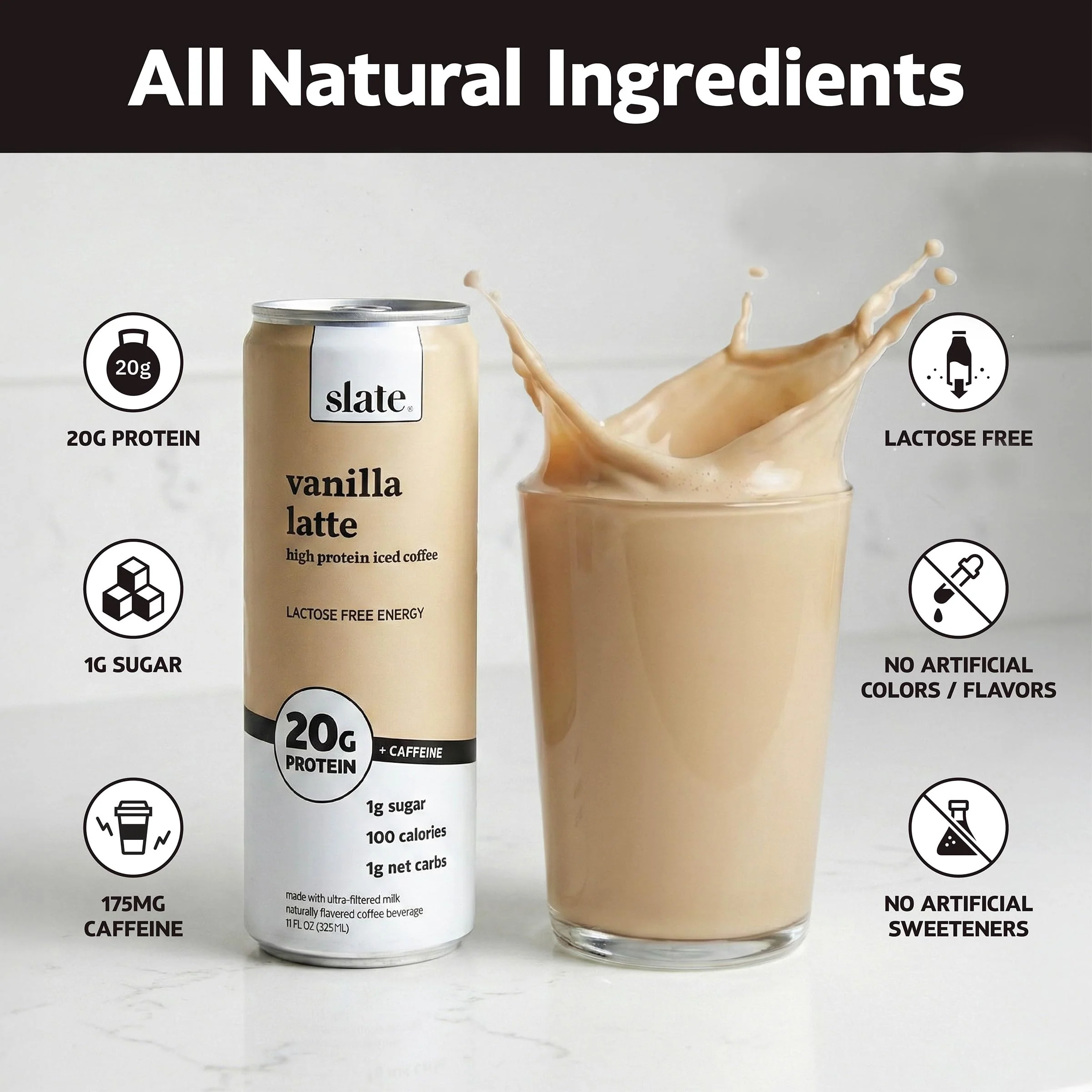 Slate Milk - High Protein Iced Coffee - Vanilla Latte - 175mg Caffeine, Lactose Free Energy - 20g Protein, 1g Sugar, 100 Calories, 1g Net Carbs, No Sugar Added - Protein Coffee - 11 fl oz, 12 Cans - Image 3