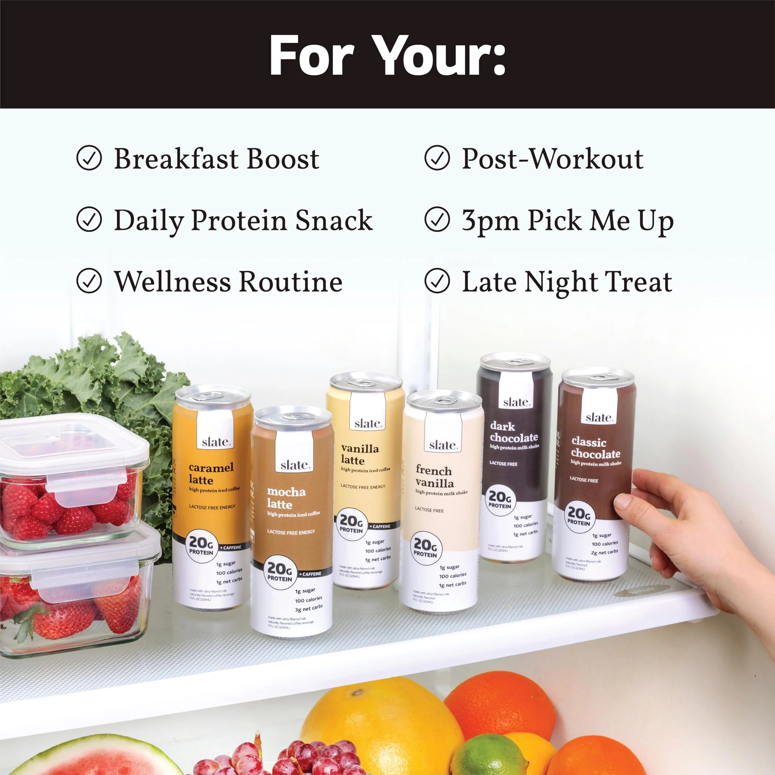 Slate Milk - High Protein Iced Coffee - Vanilla Latte - 175mg Caffeine, Lactose Free Energy - 20g Protein, 1g Sugar, 100 Calories, 1g Net Carbs, No Sugar Added - Protein Coffee - 11 fl oz, 12 Cans - Image 4