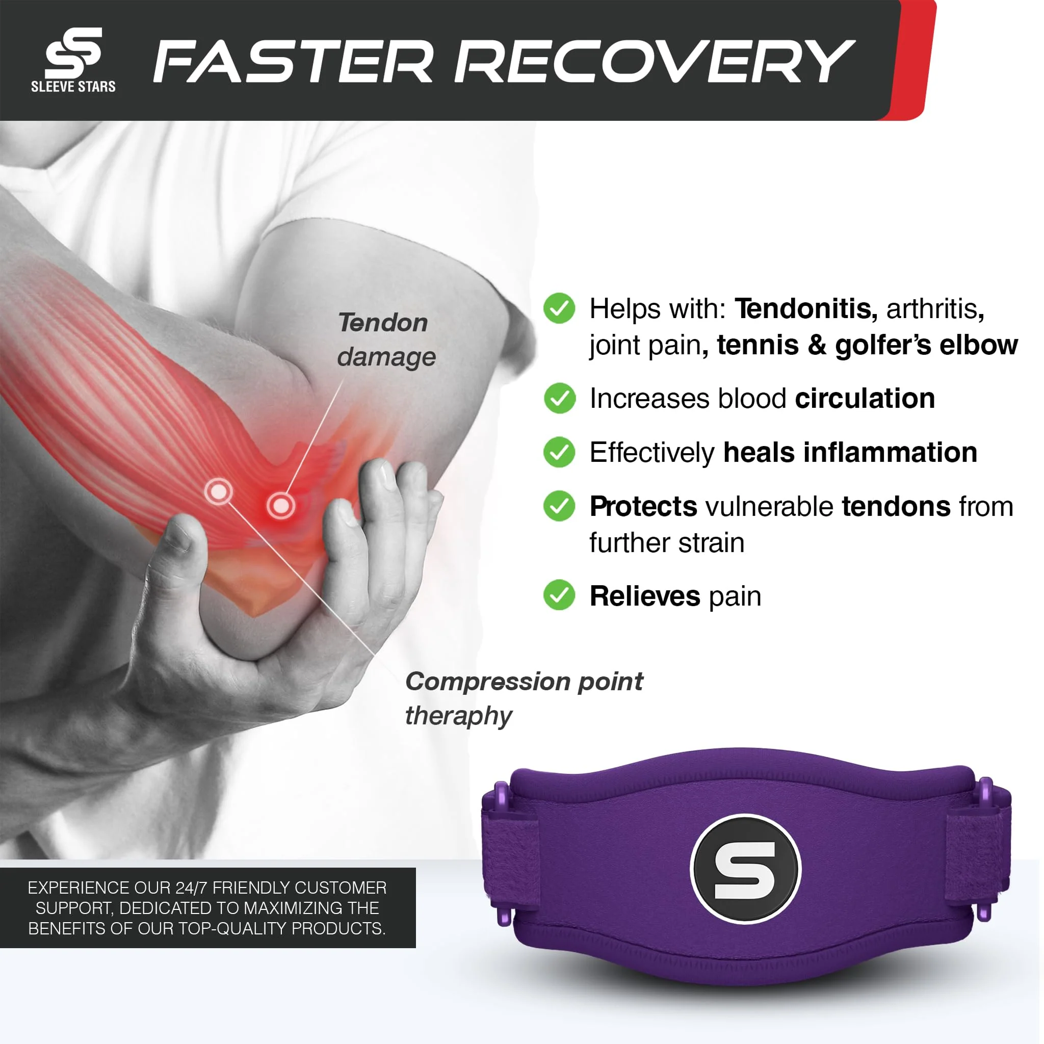 Sleeve Stars Tennis Elbow Brace for Women - Adjustable Tennis Elbow Strap, Golfers Elbow Brace for Men, Counterforce Brace for Tendonitis Relief, Fits 9"-23" (Pair/Dark Purple) - Image 2