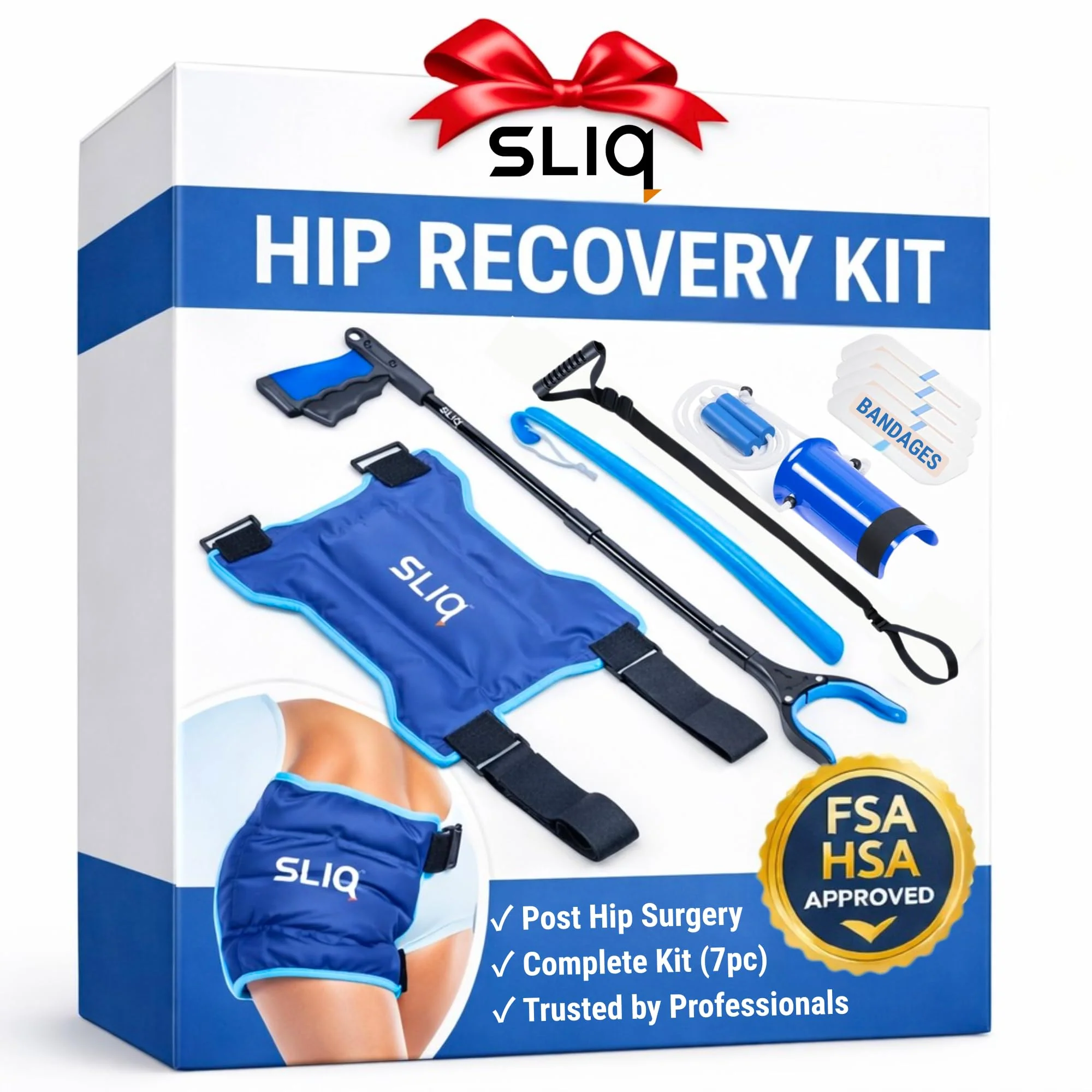 Sliq 7 Pcs Hip Kit for Seniors, Total Recovery Replacement Supplies After Surgery, Hip Replacement Kit After Surgery with Ice Pack, Grabber Tool, Leg Lifter, Sock Aid, Waterproof Bandages - Image 2