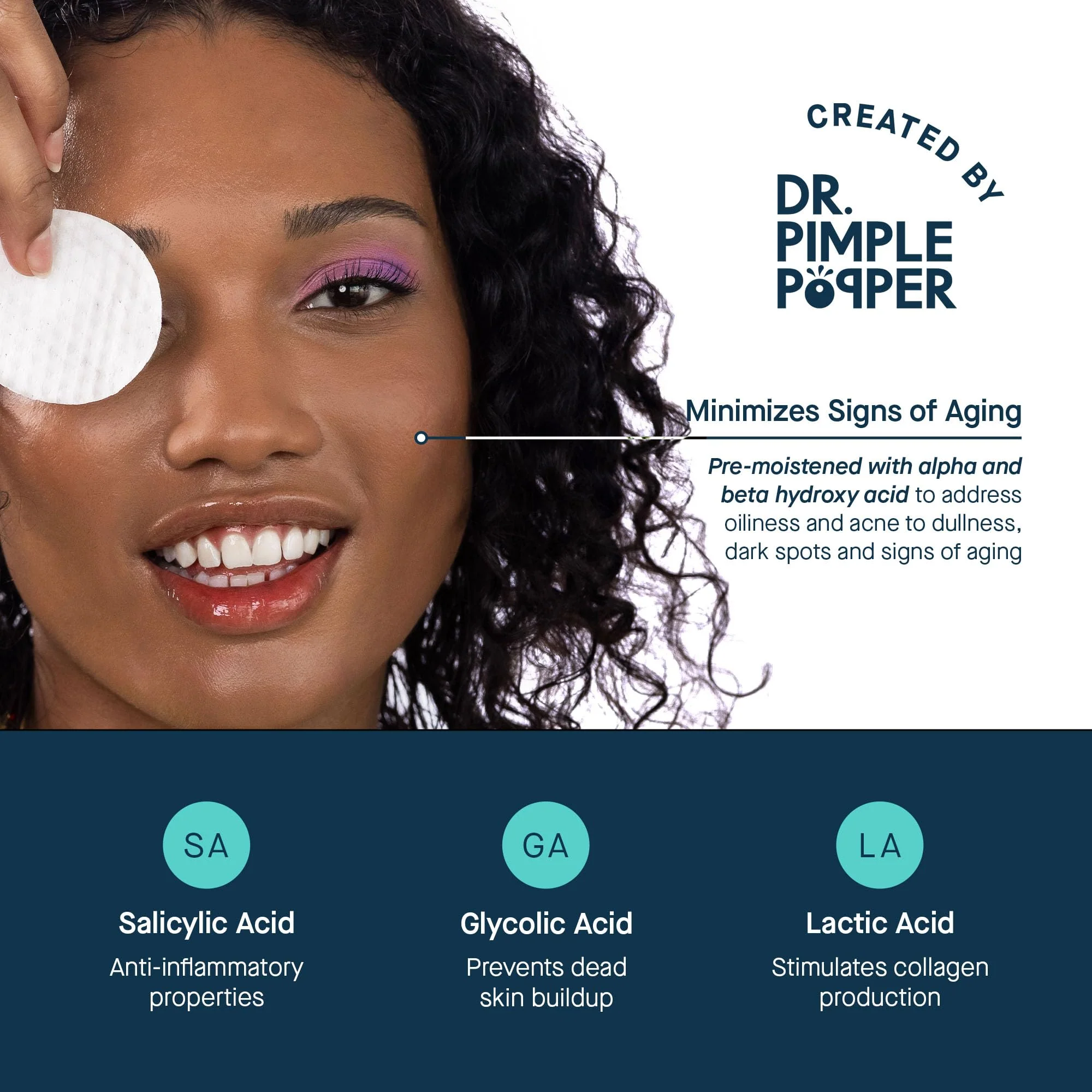 SLMD by Dr. Pimple Popper - AHA BHA Toner Pads Swipes, Salicylic Acid, Glycolic Acid & Lactic Acid - Daily Resurfacing Pads for Face & Body - Facial Exfoliating Resurface, Treat, and Prevent Acne - Image 2