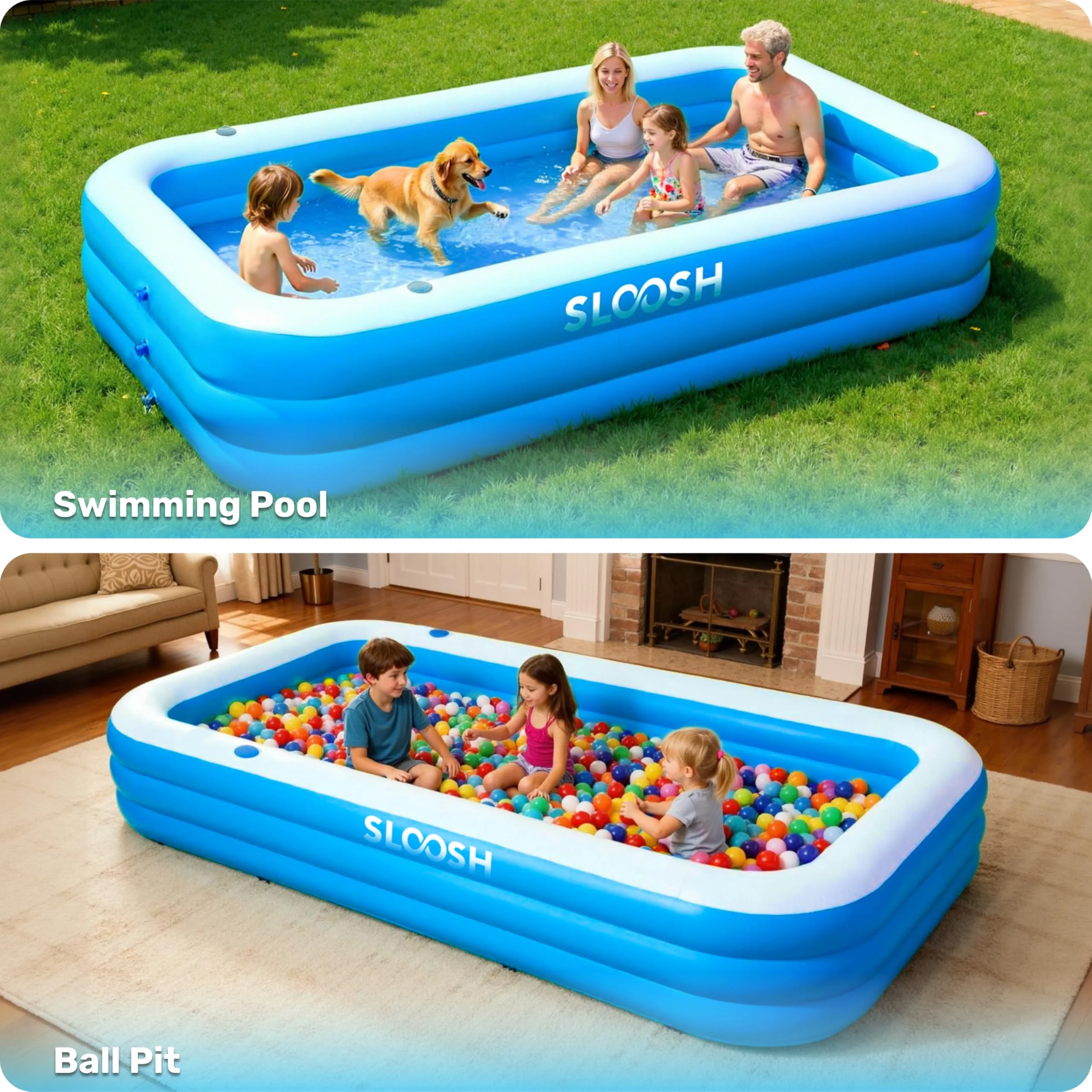 SLOOSH Inflatable Pool for Adults with Seats, 120" x 72" x 22" Full-Sized Blow Up Durable Thickened Above Ground Family Pool, Large Swimming Pools for Backyard Garden Lawn Summer Water Party, Blue - Image 4