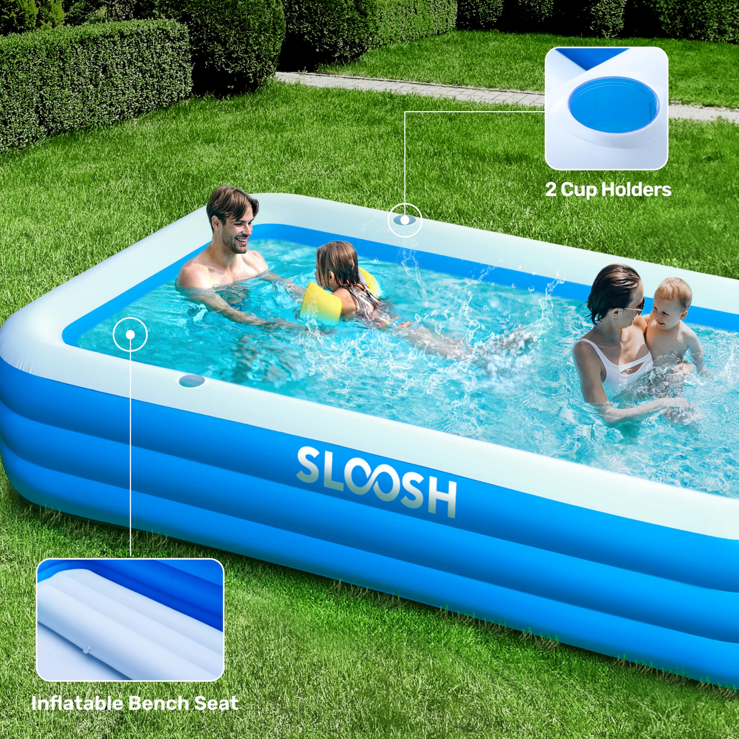 SLOOSH Inflatable Pool for Adults with Seats, 120" x 72" x 22" Full-Sized Blow Up Durable Thickened Above Ground Family Pool, Large Swimming Pools for Backyard Garden Lawn Summer Water Party, Blue - Image 5