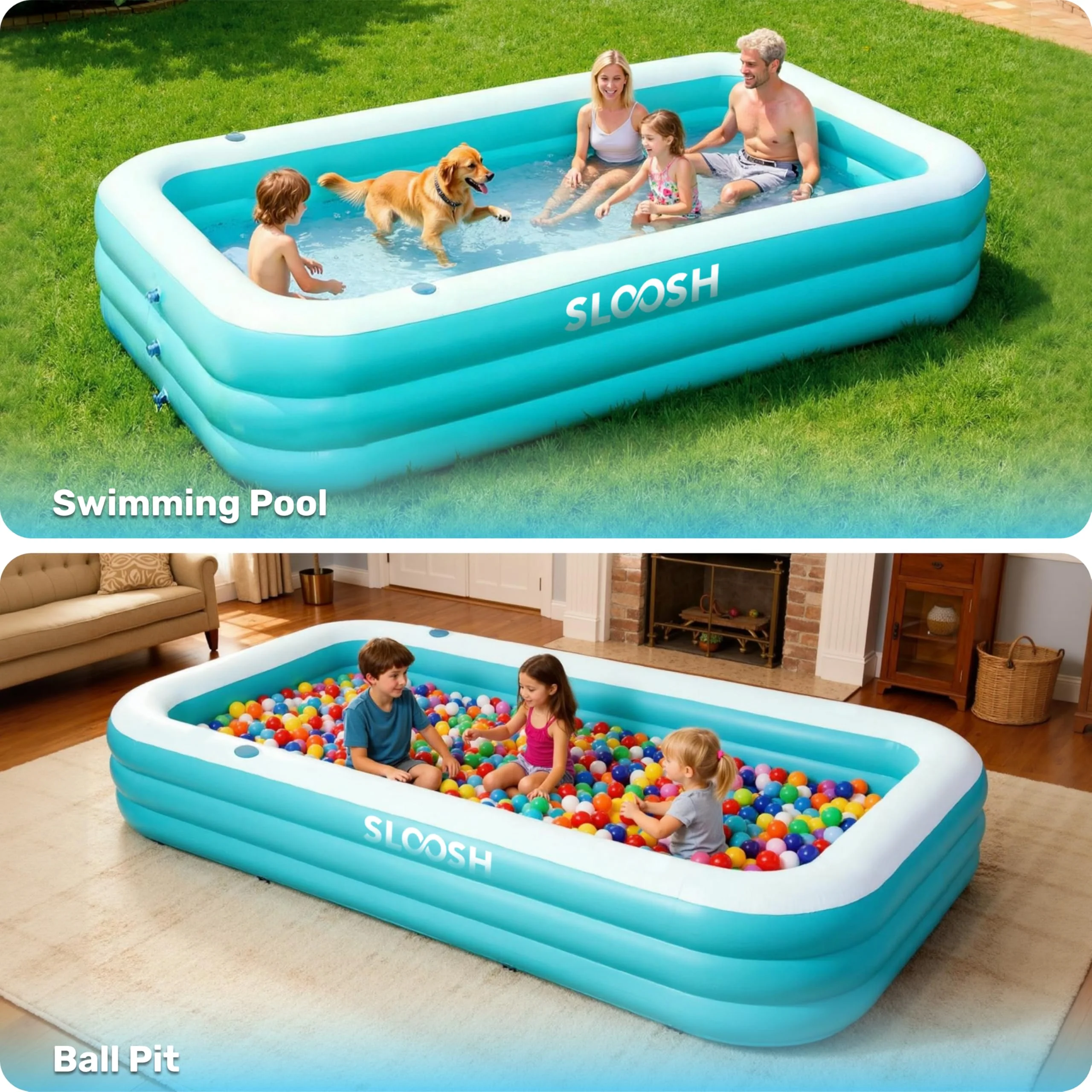 SLOOSH Inflatable Pool for Adults with Seats, 120" x 72" x 22" Full-Sized Blow Up Durable Thickened Above Ground Family Pool, Large Swimming Pools for Backyard Garden Lawn Summer Water Party, Cyan - Image 4