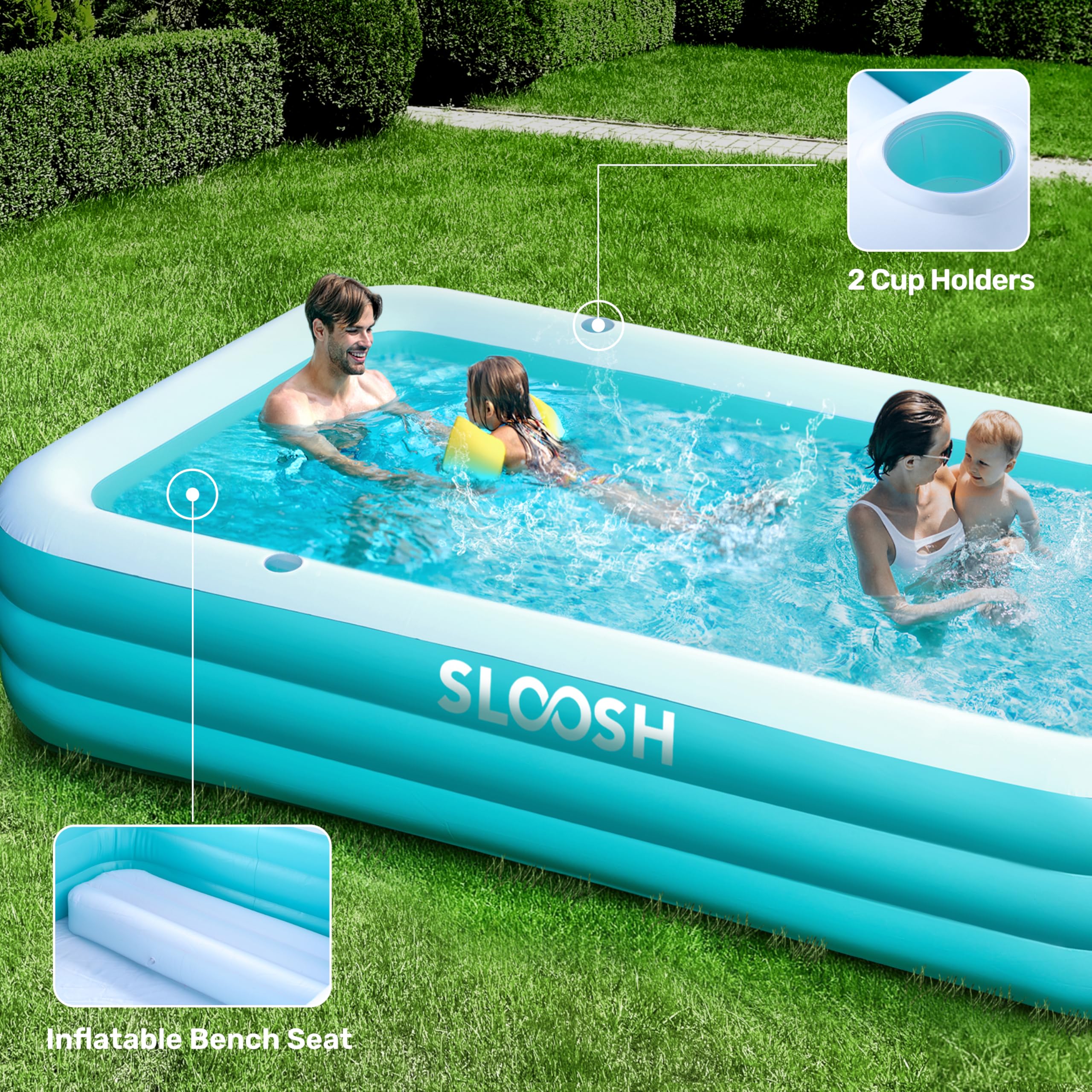 SLOOSH Inflatable Pool for Adults with Seats, 120" x 72" x 22" Full-Sized Blow Up Durable Thickened Above Ground Family Pool, Large Swimming Pools for Backyard Garden Lawn Summer Water Party, Cyan - Image 5