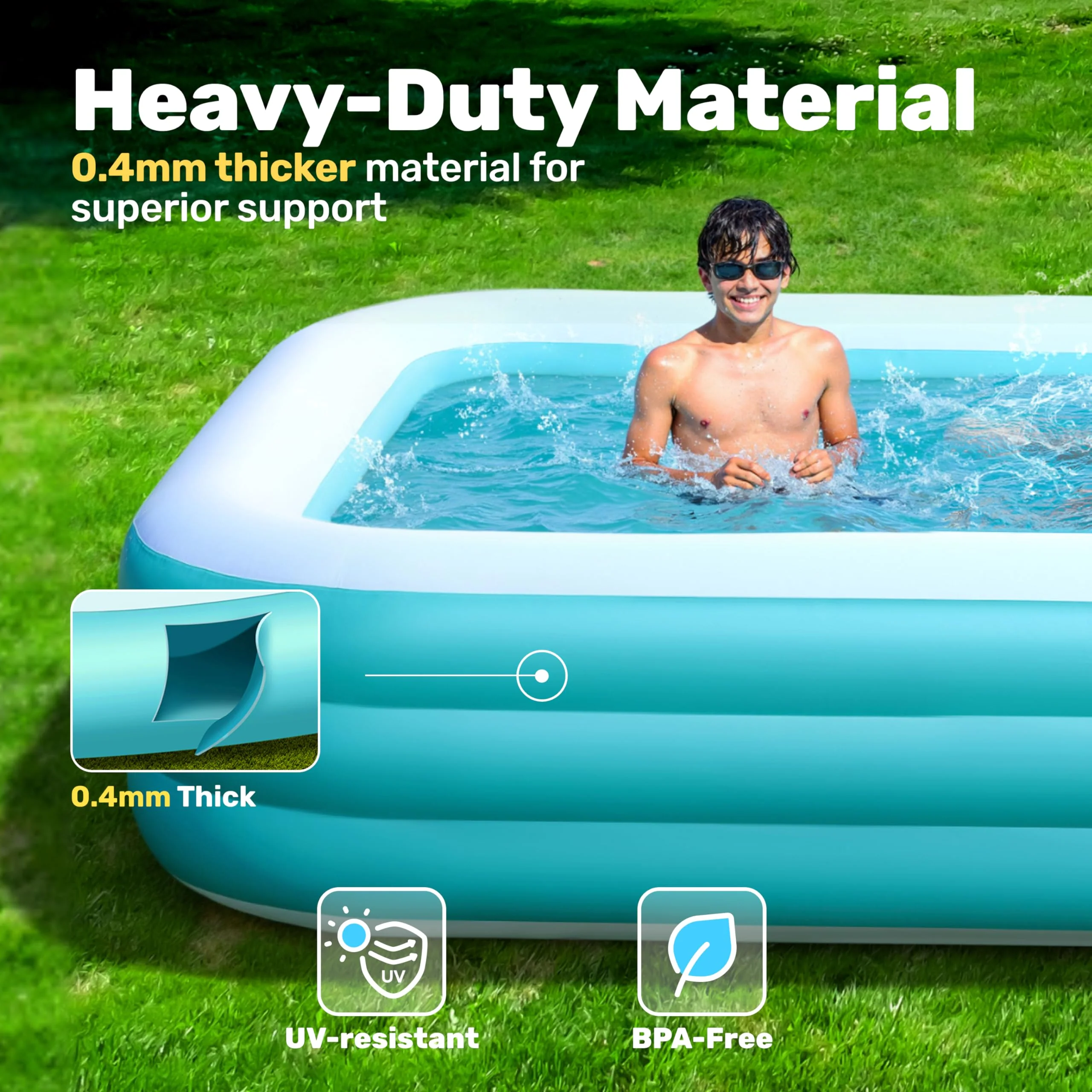 SLOOSH Inflatable Pool for Adults with Seats, 120" x 72" x 22" Full-Sized Blow Up Durable Thickened Above Ground Family Pool, Large Swimming Pools for Backyard Garden Lawn Summer Water Party, Cyan - Image 8