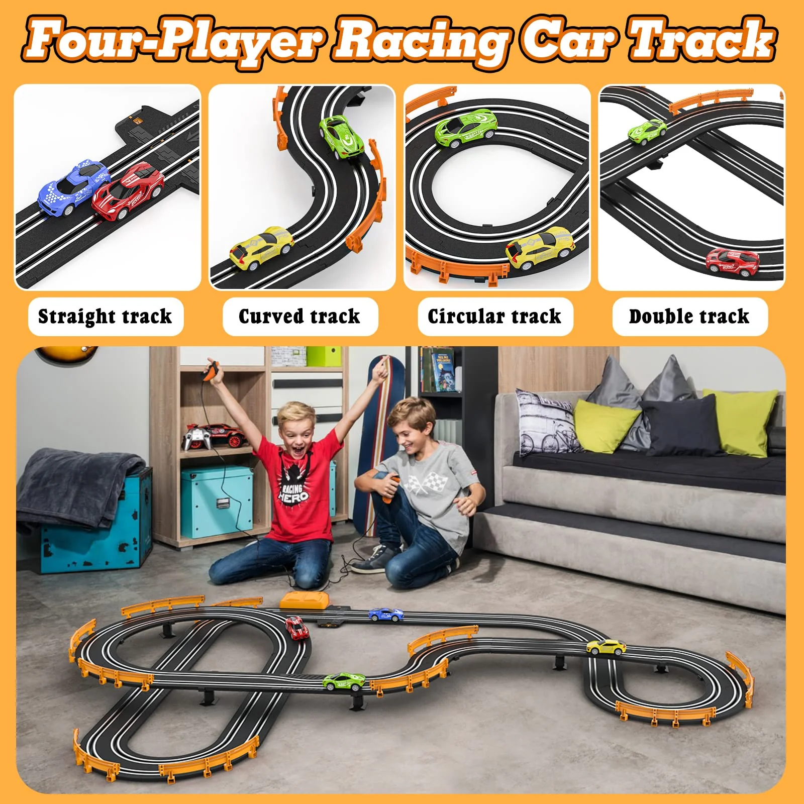 Slot Car Race Track Sets with 4 High-Speed Racing Car, Battery or Electric Race Car Track for Boys and Kids, Dual Racing Game Lap Counter Circular Overpass Track, Gifts Toys for Boys Kids Age 6 7 8-12 - Image 2