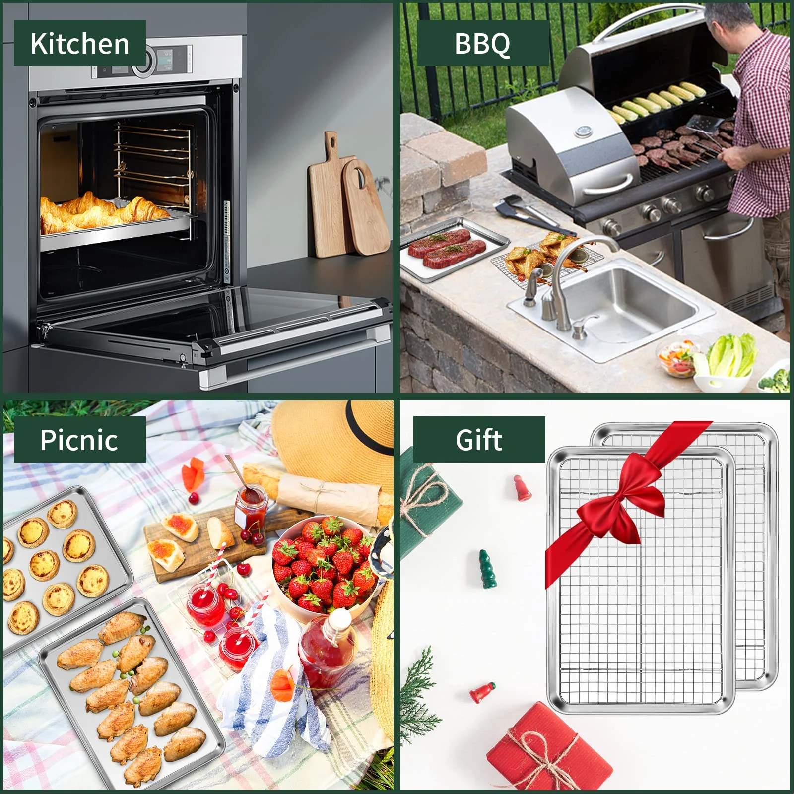 Small Baking Sheet with Rack Set [2 Small Cookie Sheets + 2 Small Baking Racks], CEKEE Stainless Steel Small Baking Pan and Grill Rack - Rust & Warp Resistant & Nonstick, Size 9.33 x 6.96 x 1 Inch - Image 2