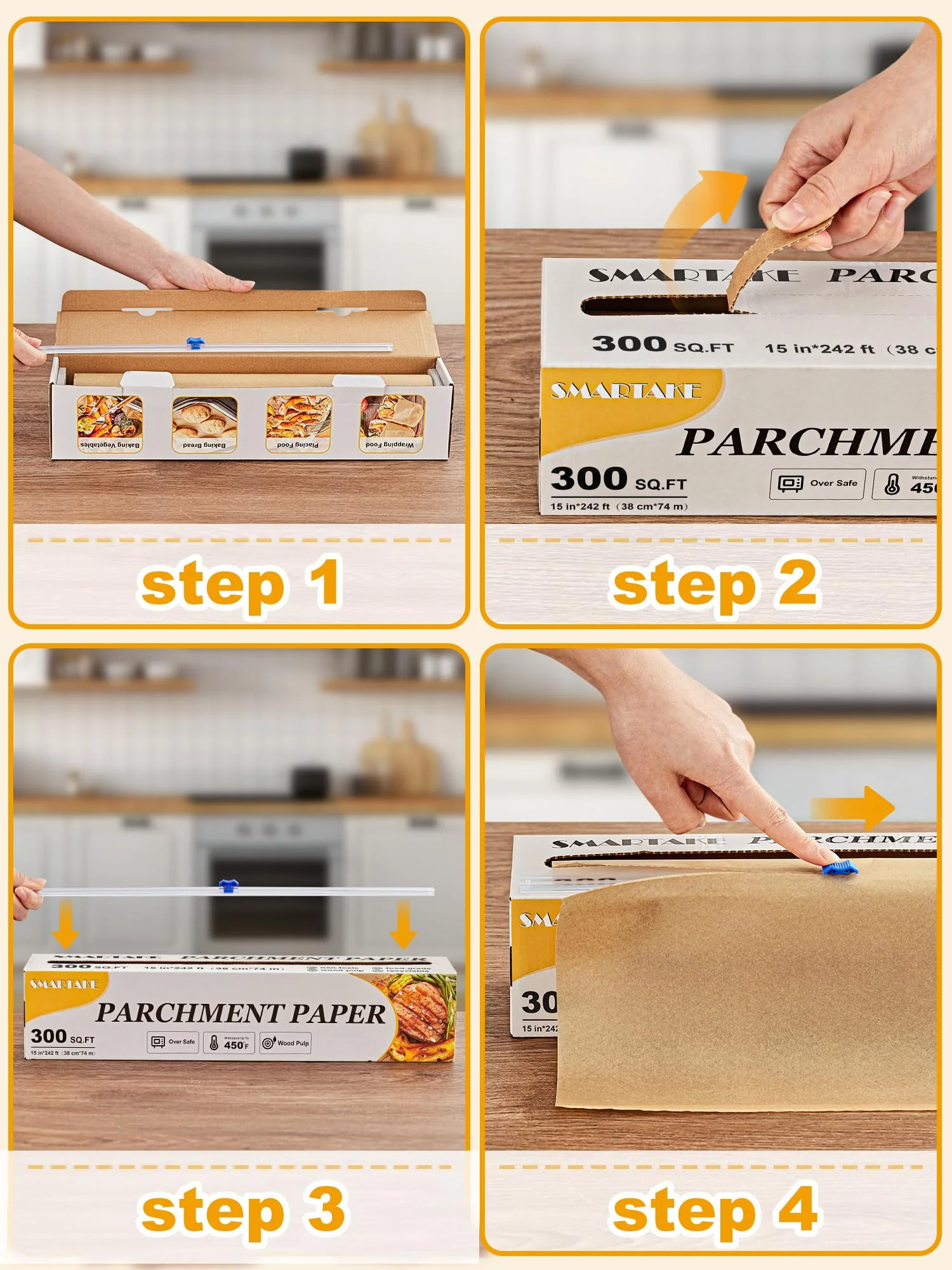 SMARTAKE Parchment Paper Roll for Baking, 15 in x 242 ft, 300 sq.ft, Non-Stick Baking Paper Sheets with Slide Cutter, Heavy Duty Extra Long, for Kitchen Baking Cooking Grilling Steaming, Unbleached - Image 3
