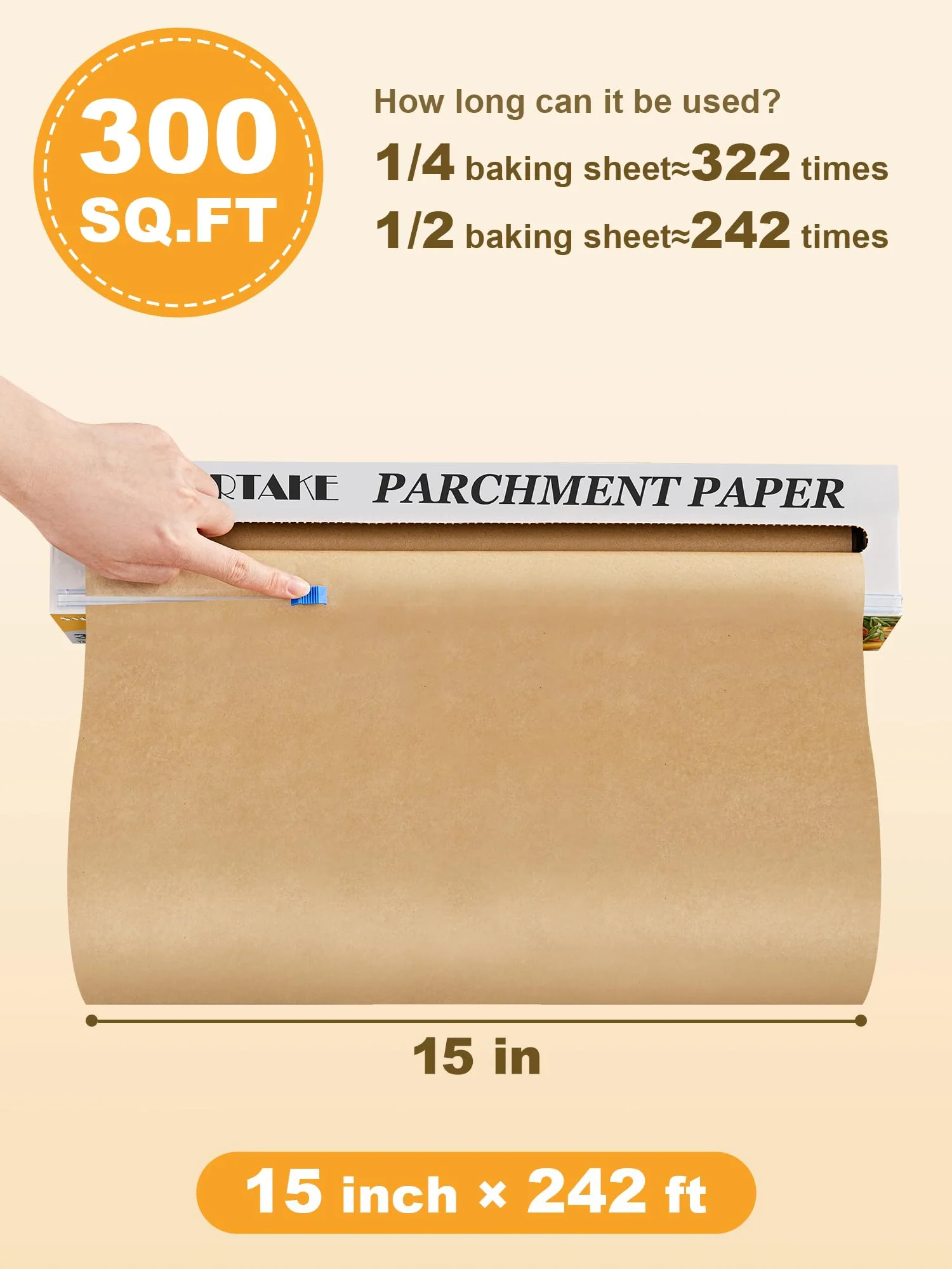 SMARTAKE Parchment Paper Roll for Baking, 15 in x 242 ft, 300 sq.ft, Non-Stick Baking Paper Sheets with Slide Cutter, Heavy Duty Extra Long, for Kitchen Baking Cooking Grilling Steaming, Unbleached - Image 5