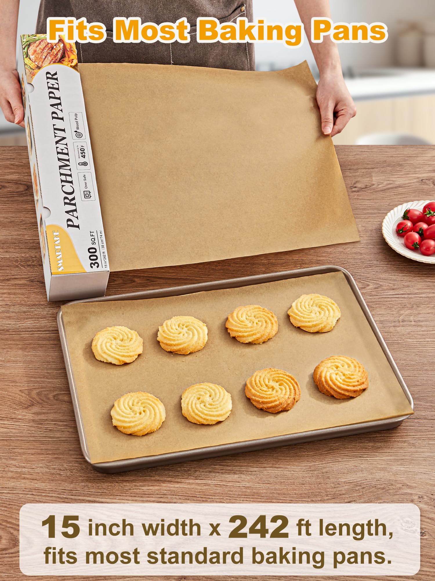 SMARTAKE Parchment Paper Roll for Baking, 15 in x 242 ft, 300 sq.ft, Non-Stick Baking Paper Sheets with Slide Cutter, Heavy Duty Extra Long, for Kitchen Baking Cooking Grilling Steaming, Unbleached - Image 9