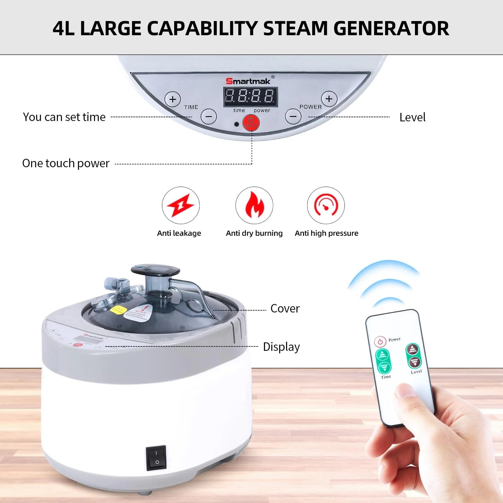 Smartmak Sauna Steamer, Portable 4L Upgraded 1500W Steam Pot Generator with Remote Control, Spa Machine with 99 Minutes Timer Display, Herbal Box for Body Detox, 110V US Plug - Image 6