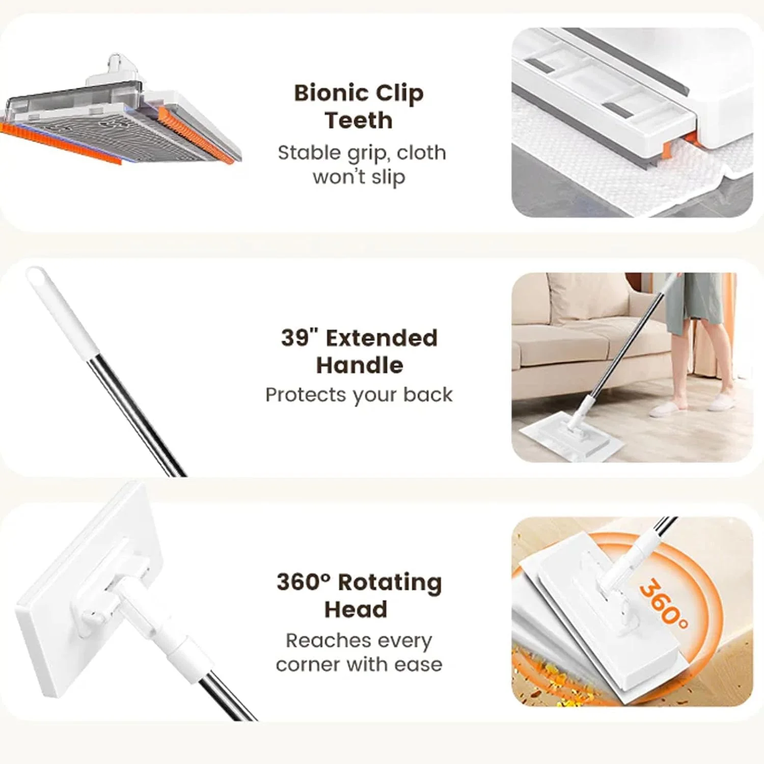 Snap Grip Mini Mop, 2026 Upgraded Disposable Dust Mop, Zero Touch Mini Mops, Convenient Cloth Changing Mops for Kitchen Counter, Foldable 100cm Retractable Long Handle Mopping Stick (1*mop+5*Cloth) - Image 2