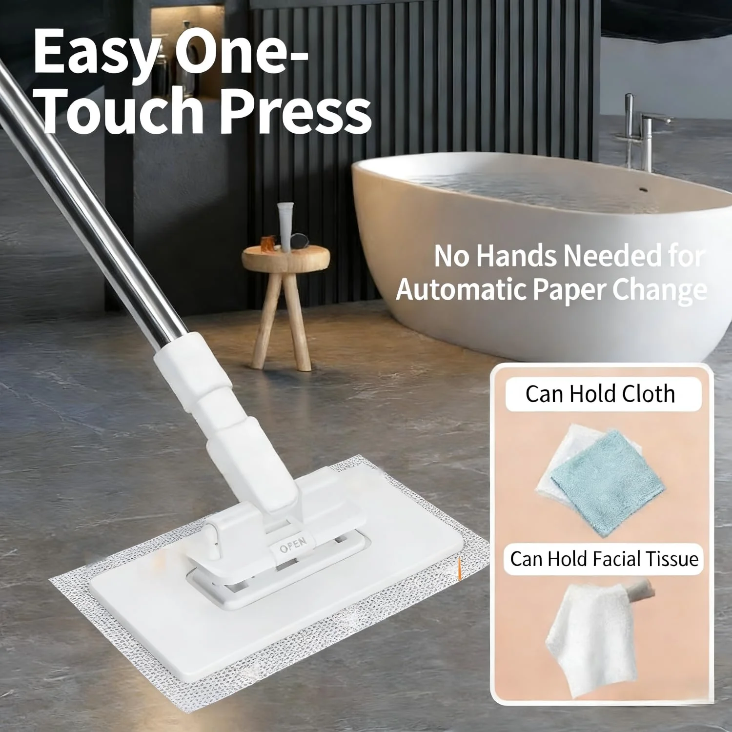 Snap Grip Mini Mop - Zero Touch No Wash Lazy Mop, Compatible with Swiffer & Face Towels, Adjustable for Wet/Dry Floors, Tile, Hardwood, Corners (5 Reusable Cloths) - Image 5