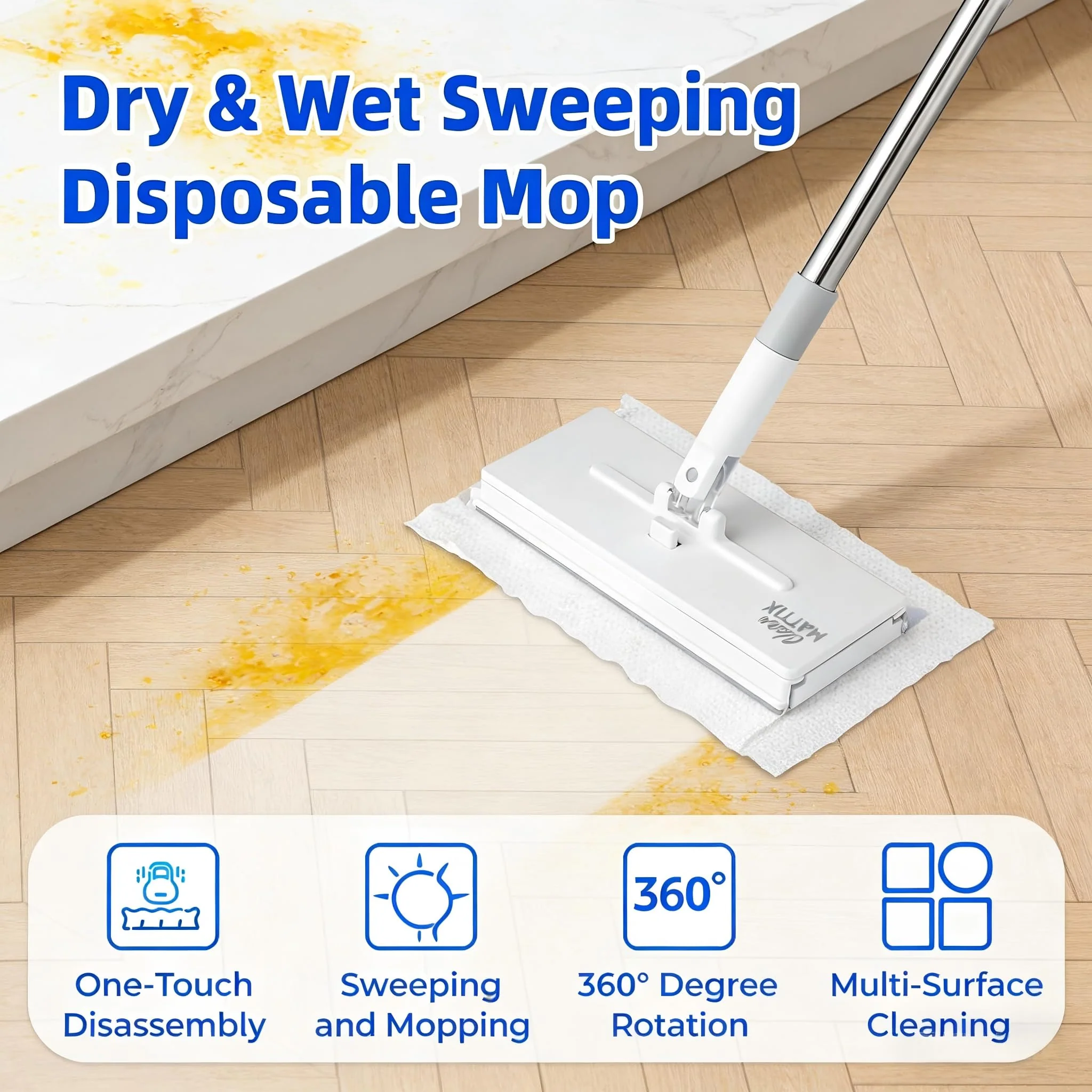 Snap Grip Mini Mop - Zero Touch No Wash Lazy Mop, Compatible with Swiffer & Face Towels, Adjustable for Wet/Dry Floors, Tile, Hardwood, Corners (5 Reusable Cloths) - Image 6
